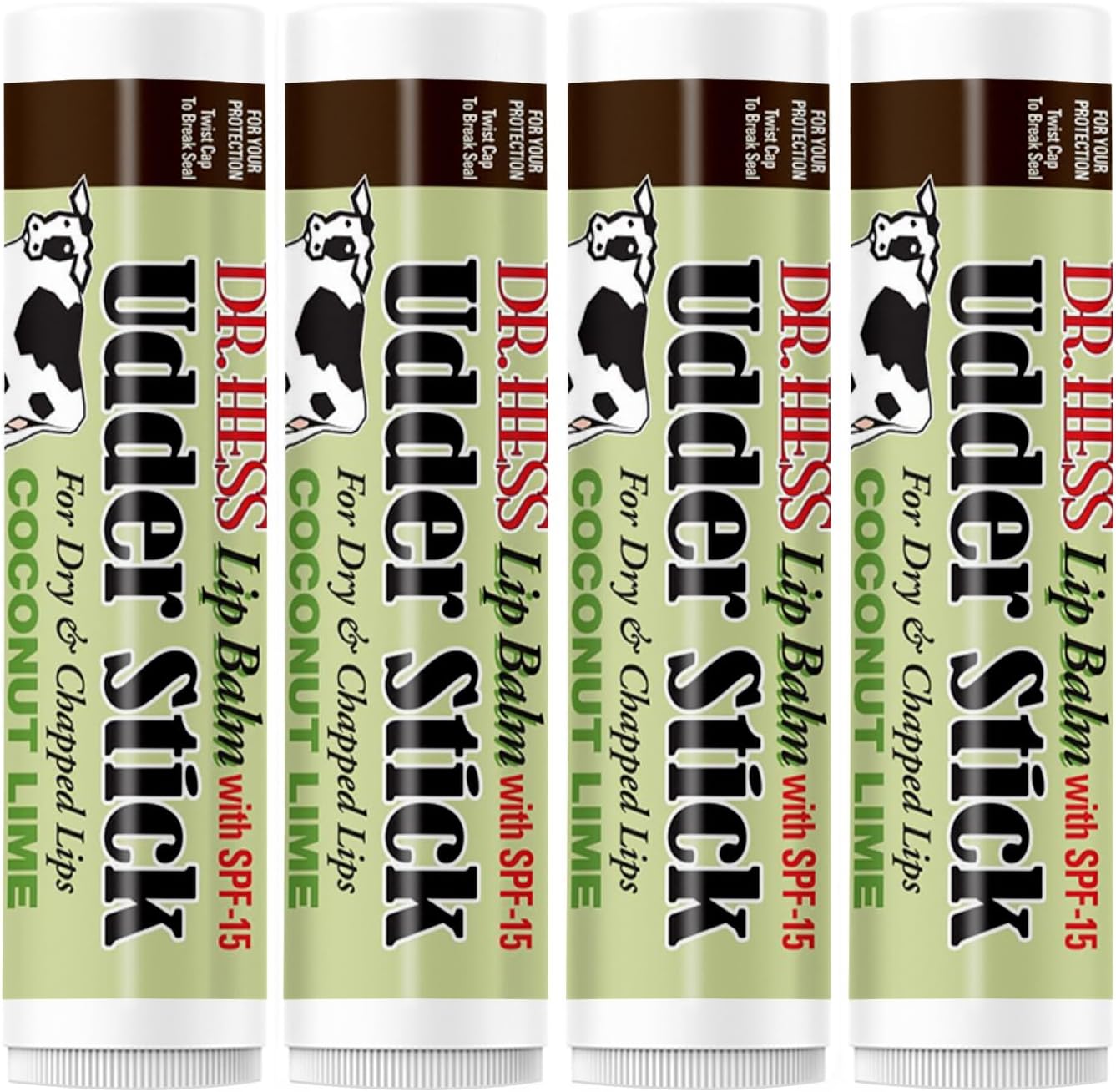 Dr. Hess Original Udder Stick SPF Lip Balm, Soothing Moisturizer Sun Screen Balm for Dry Lips with Jojoba, Beeswax & Shea Butter, Total Lip Care, Hydration & Repair, Coconut-Lime Flavor, 4 Pack
