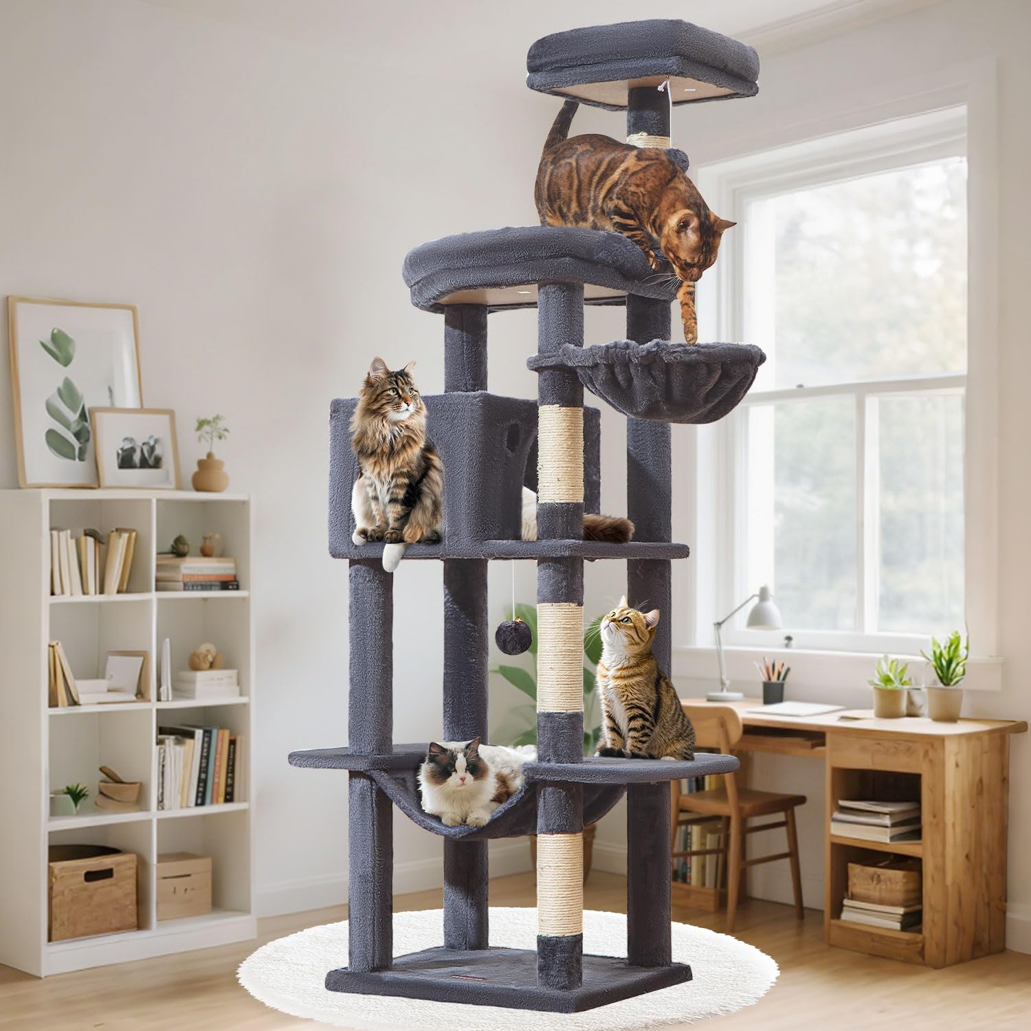 Taoqimiao MS042G Cat Tree,66-inch Large Cat Tower with Scratching Posts, Luxurious Large Platform for Big Cats with Soft Hammock, Adjustable Basket,