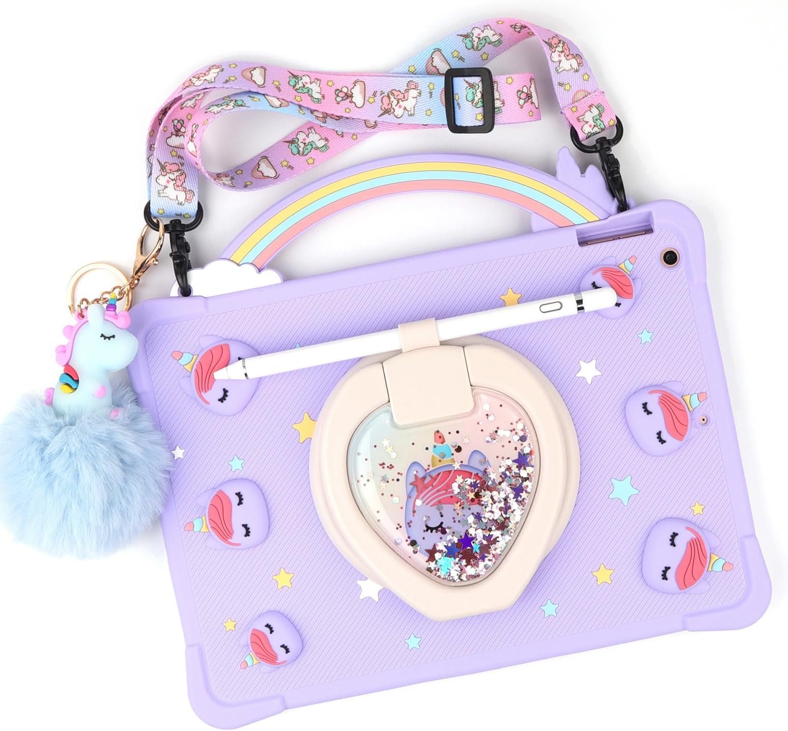 [Super Cute Rainbow Handle Unicorn Case] iPad mini 5 2019/Mini 4 2015 (5th/4th Generation 7.9 inch) Pop it Case Cover for Kids Girls with Hand Strap and 360° Rotating Stand - Purple