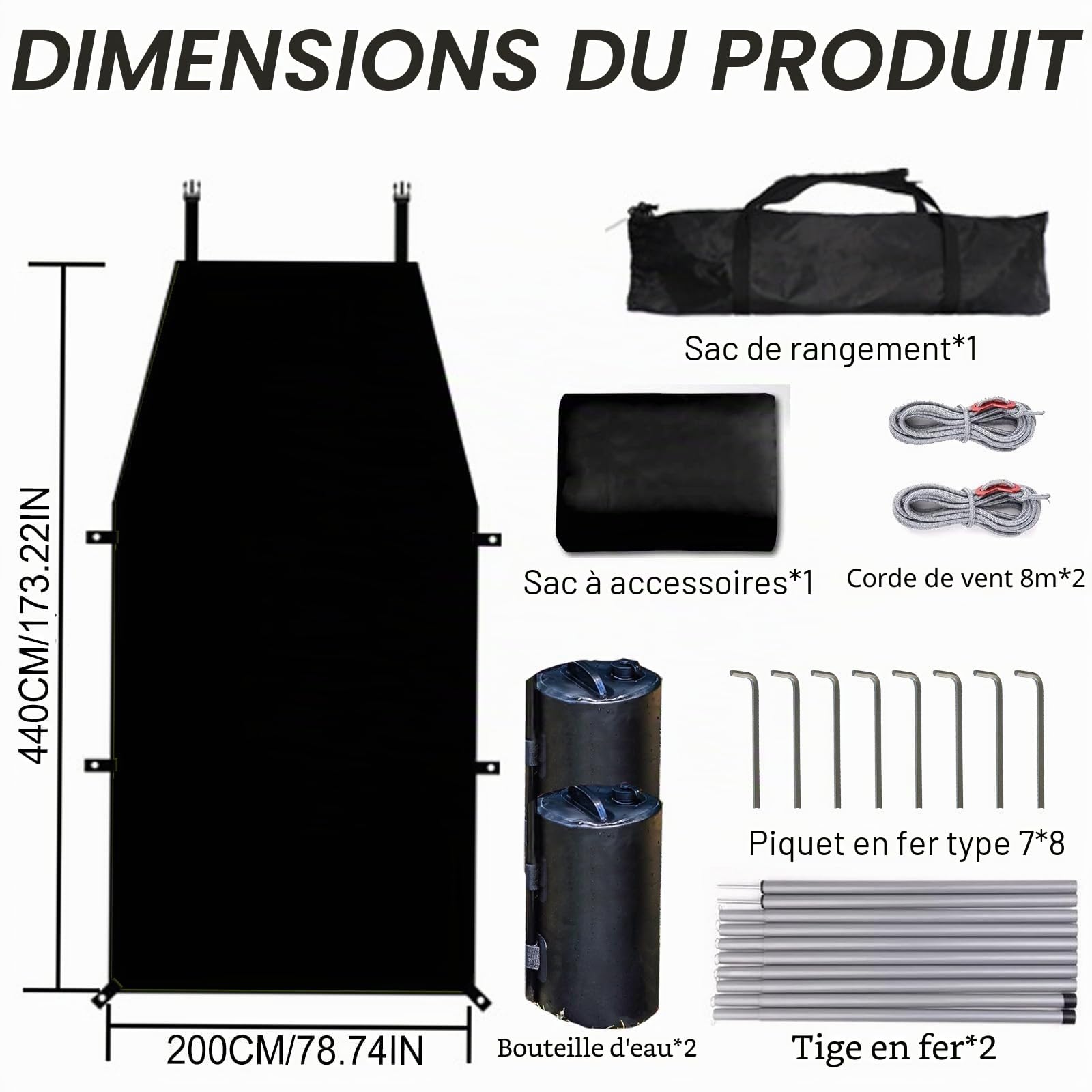 Auvent latéral de voiture - Tente de camping - Tente de toit avec protection UV - Avec 2 sacs d'eau portables - Étanche - 440 x 200 cm - Noir