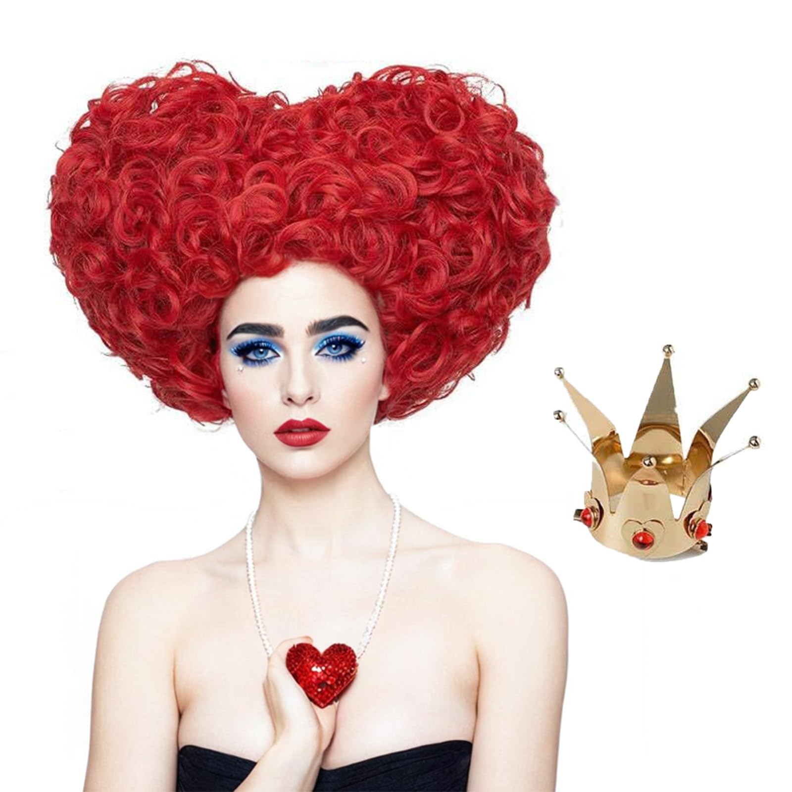 LABEAUTÉ Red Heart Wig + Crown Queen Wig Curly Fuffy Synthetic Cosplay Anime Halloween Costume for Women