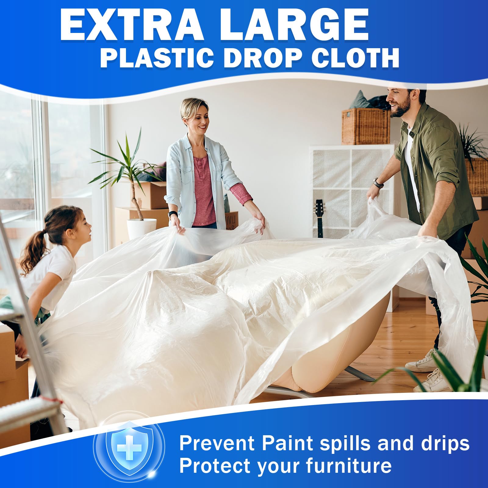 Confezione da 24 fogli di plastica extra large da 3,7 x 2,7 m, per pittori, leggeri e durevoli, copertura antipolvere in plastica trasparente, copertura in plastica, panno per vernice, protezione per