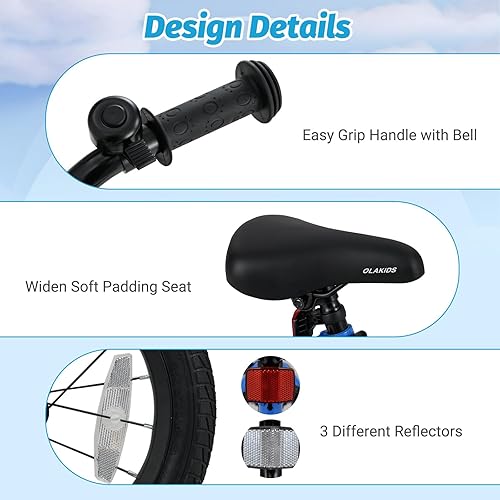 Miniatura 8 de Olakids Bicicleta para niños, 12, 14, 16, 18 pulgadas, con ruedas de entrenamiento, timbre de seguridad, asiento ajustable y manillar, freno de mano