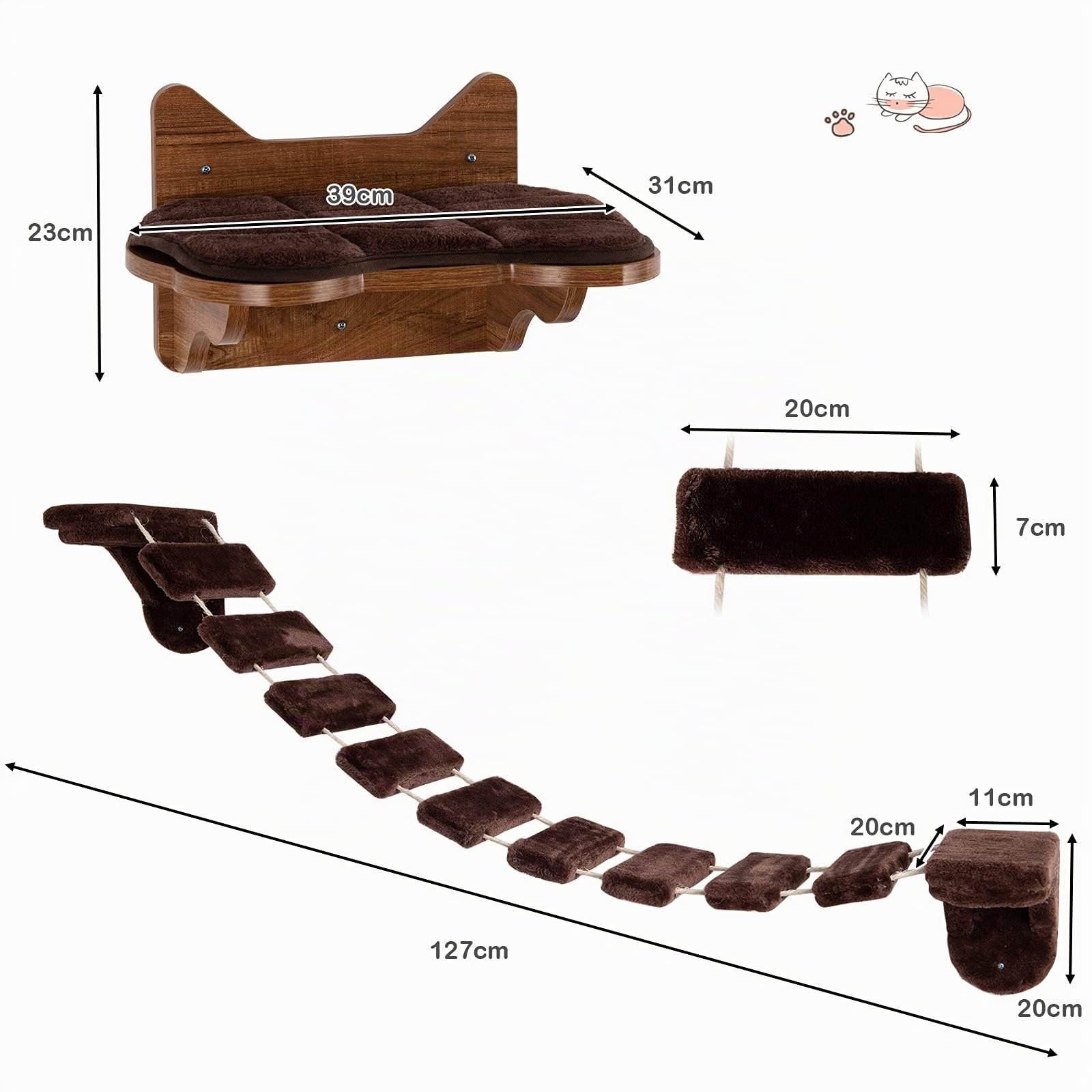 COSTWAY Kletterwand Katzen, 2 in 1 Katzenbrücke und Katzenliege, Katzenhängematte Wand Set, Hängebrücke Katzentreppe, Katzenbett Wandliege Hängematte, Katzenmöbel für Katze bis 10 kg, Braun