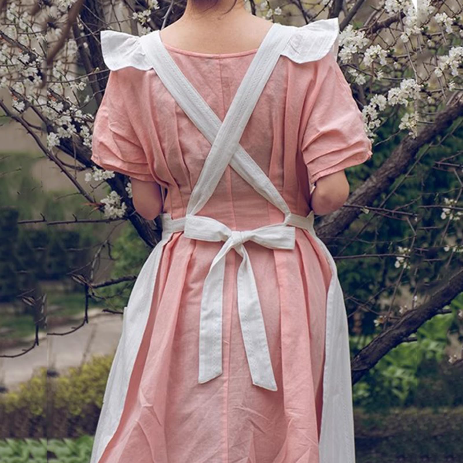 Delantal Mujeres, Vestido De Encaje Cruzado Ajustable Delantal para Jardinería, Cocina, Limpieza, ManicuraWhite,One Size
