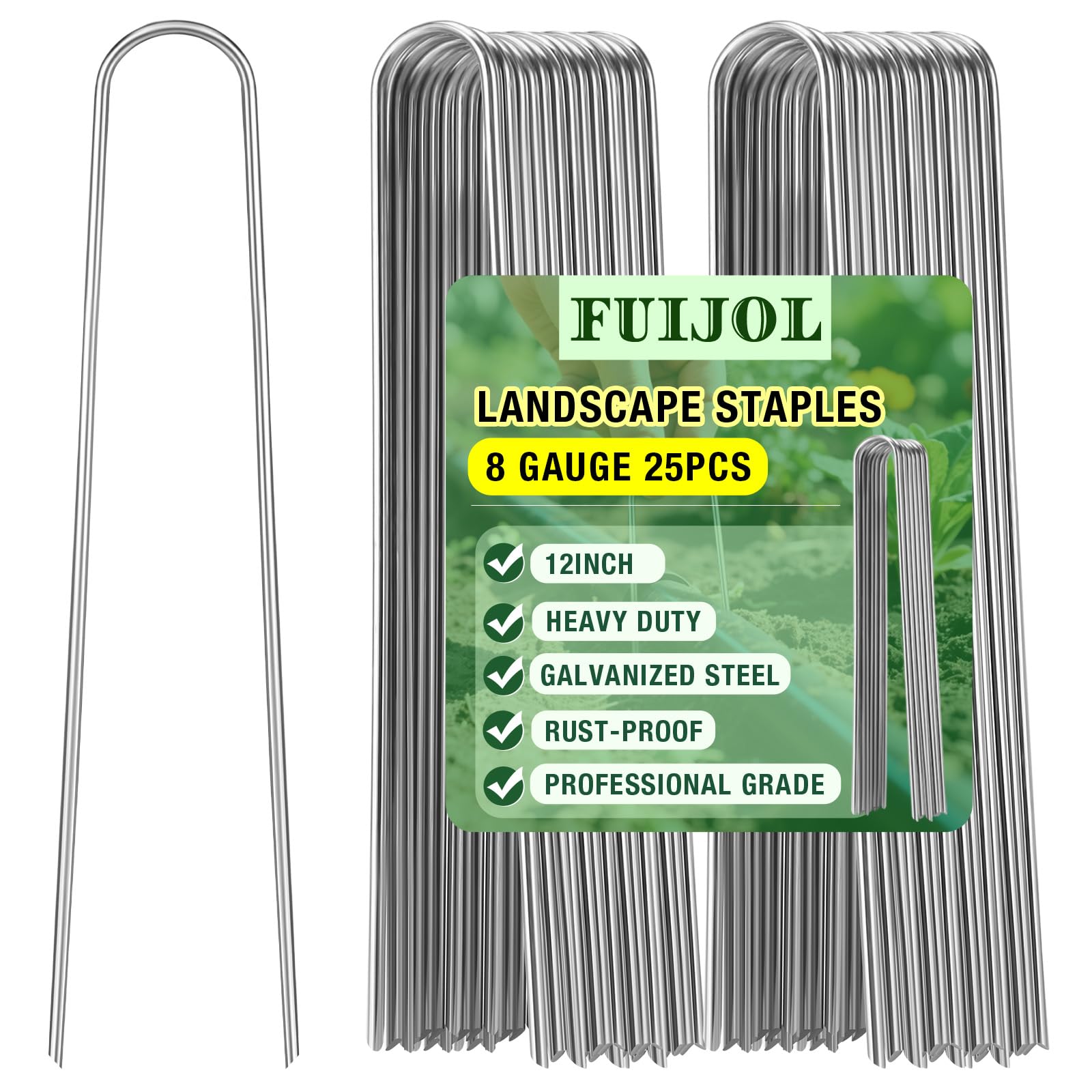 FUIJOL Lot de 25 agrafes paysagères de calibre 8, piquets de 30,5 cm robustes en forme de U, agrafes de jardin galvanisées pour piquets de barrière contre les mauvaises herbes, couverture de sol, tube