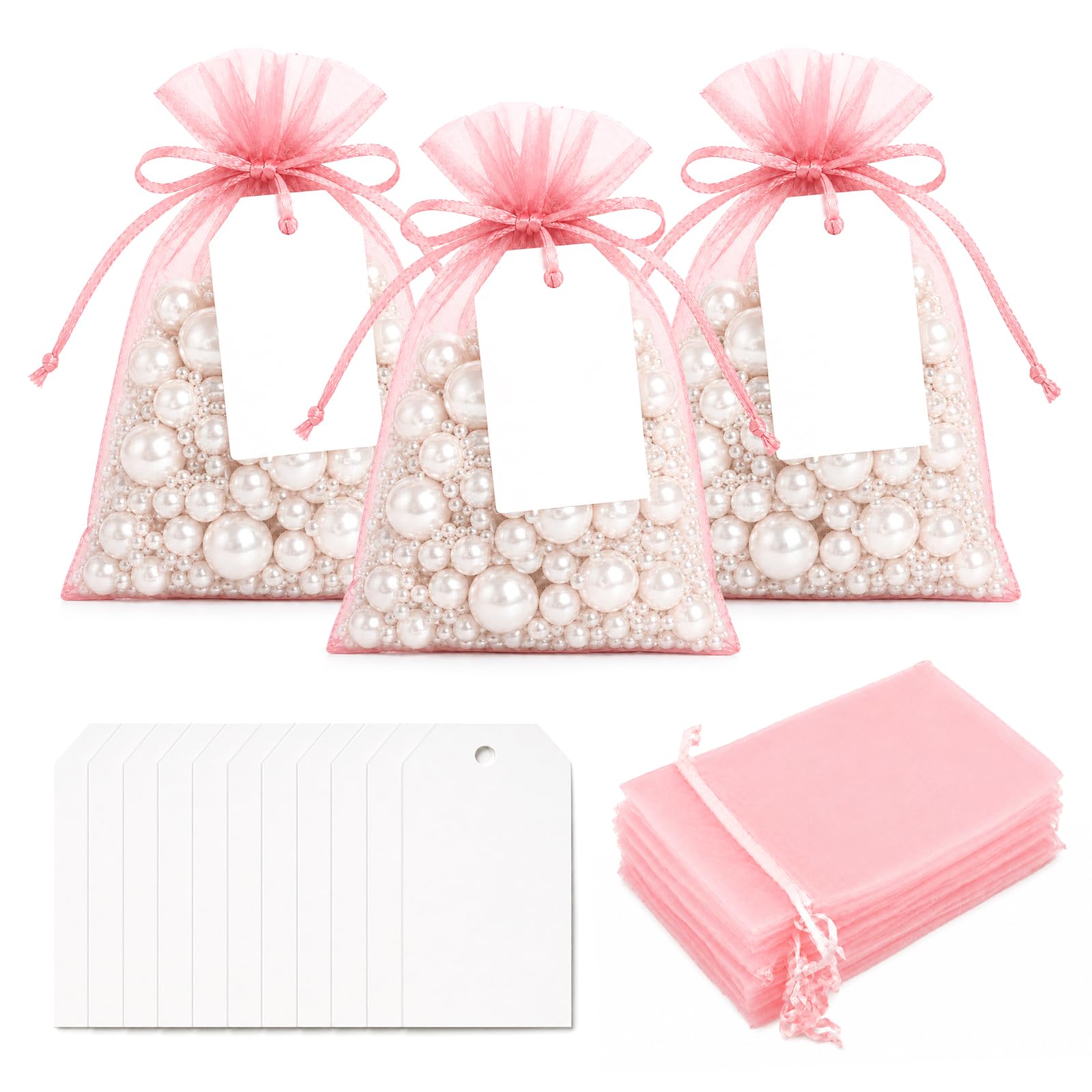G2PLUS 25 Pack Organza Gift Bags with Tags: 10 x 15 cm Baby Pink Drawstring Favour Pouches with 4 x 7 cm White Tags for Wedding Party Favours Jewellery Candy