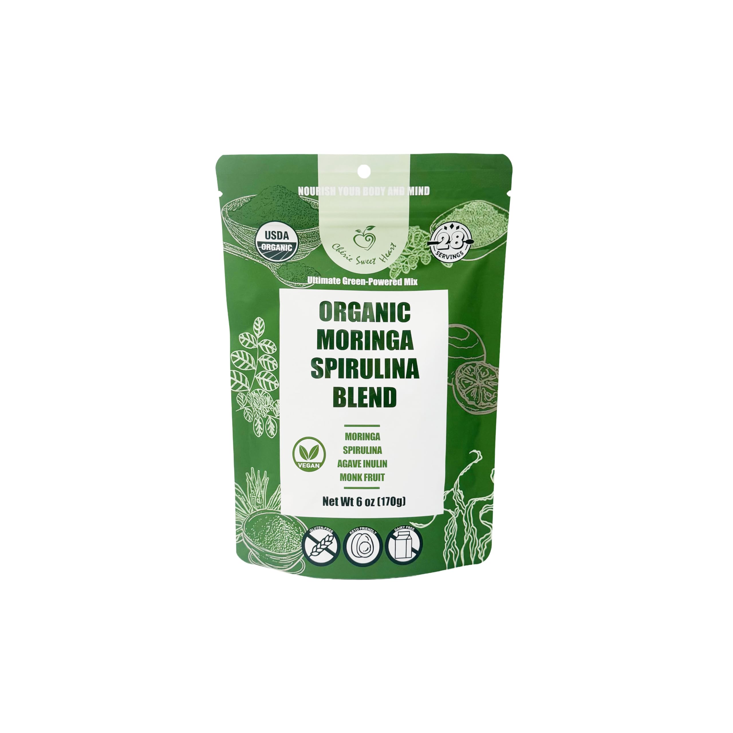 Chérie Sweet Heart Organic Moringa & Spirulina Superfood Blend, 6 oz – USDA Organic, Non-GMO, Vegan, Gluten-Free Supergreens Powder for Energy, Detox & Daily Wellness 6 Ounce (Pack of 1)