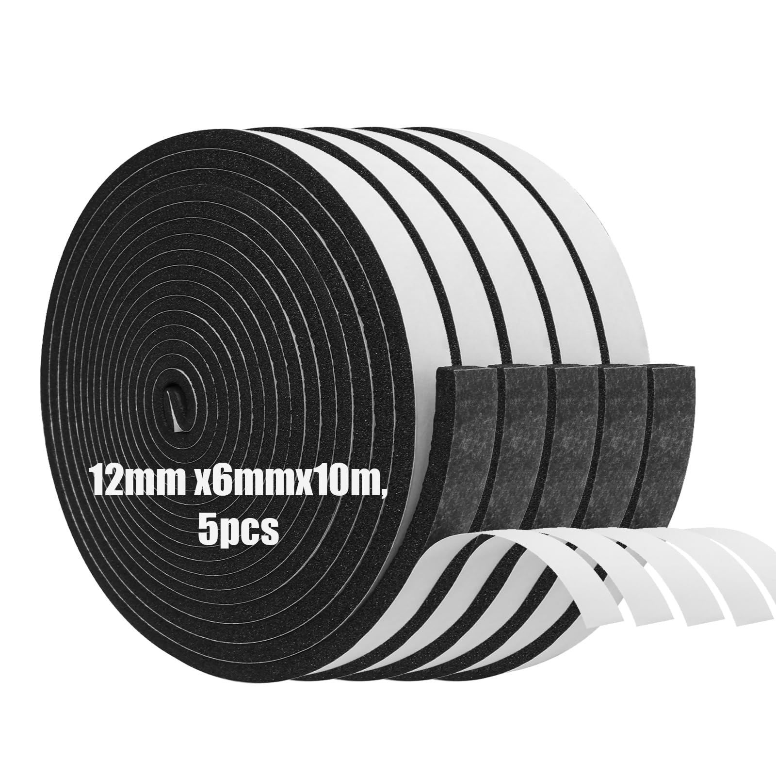 Foam Insulation Tape Self Adhesive,12mm(W) x6mm(T) x10m(L)-5pcs,Weather Stripping for Doors and Windows,Sound Proof Soundproofing Door Seal,Weatherstrip,Cooling,Air Conditioning Seal Strip