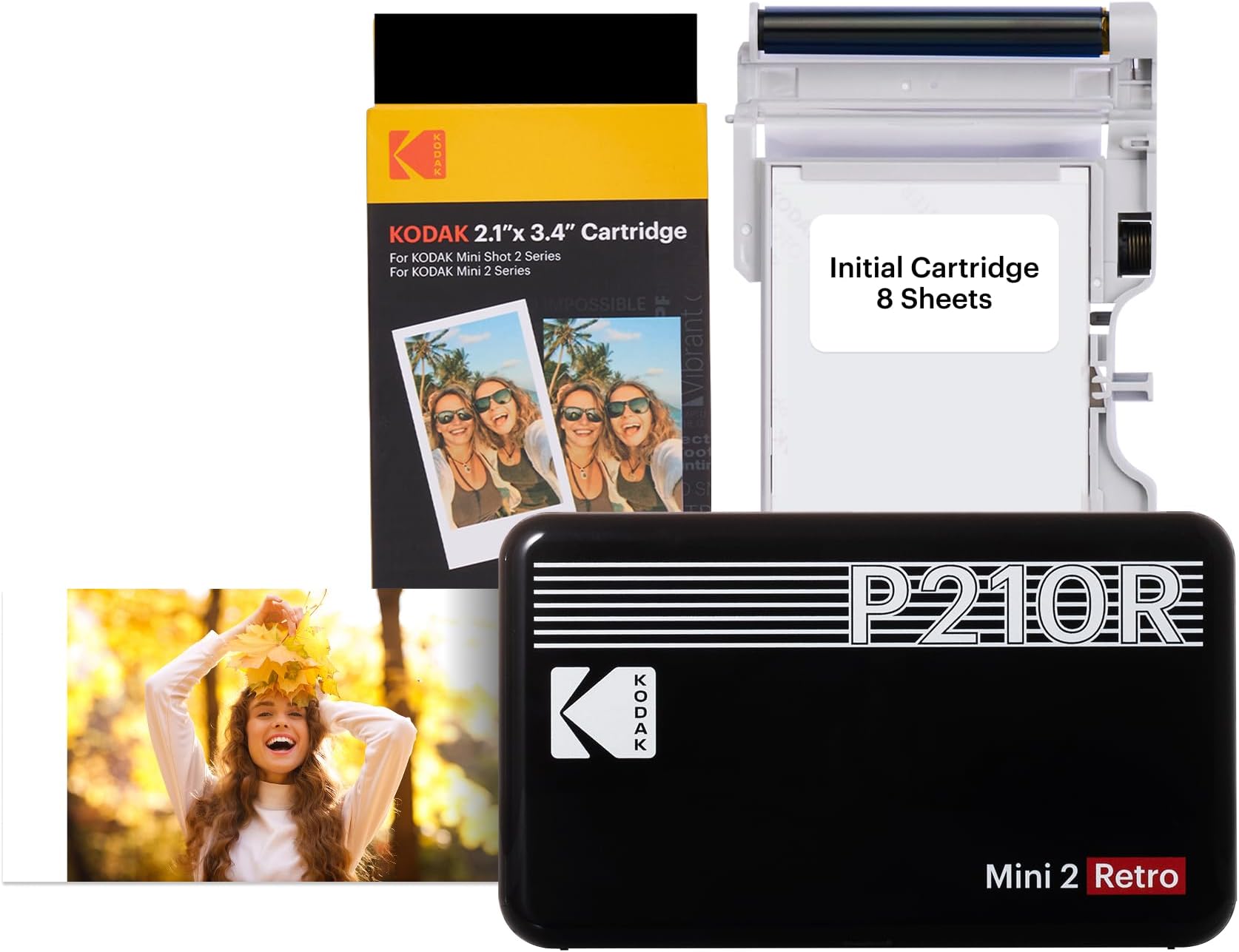 KODAK P210 Mini 2 Retro, Mobile Coloured Photo Printer, Compatible with Smartphone (iOS & Android), Bluetooth, 54 x 86 mm, 4Pass Technology, Lamination, 6 Cartridges, 68 Sheets, Black