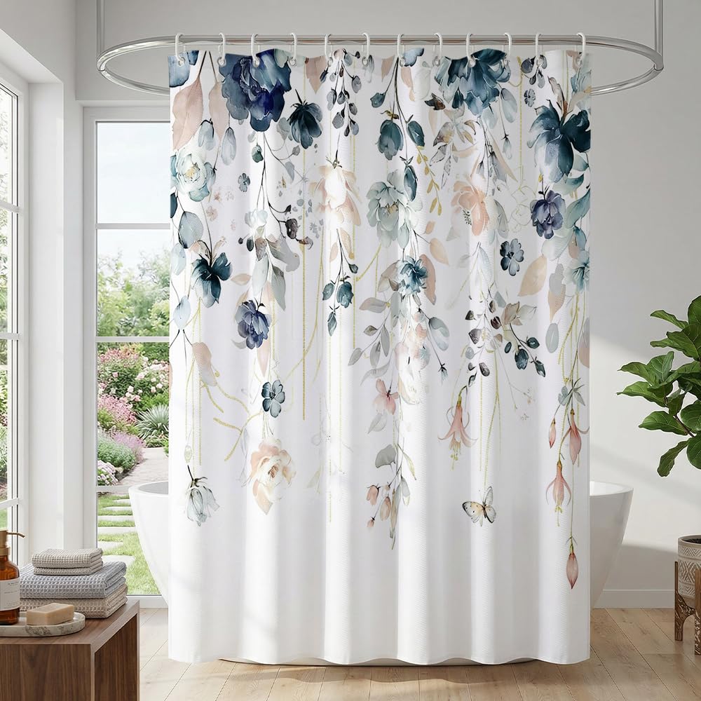 Rohxyzo Watercolour Floral Shower Curtain 180 x 180, Polyester Fabric Shower Curtain for Bathroom Wet Room, Botanical Decor with Draped Effect, Washable Shower Curtain Set with 12 Hooks — image 1