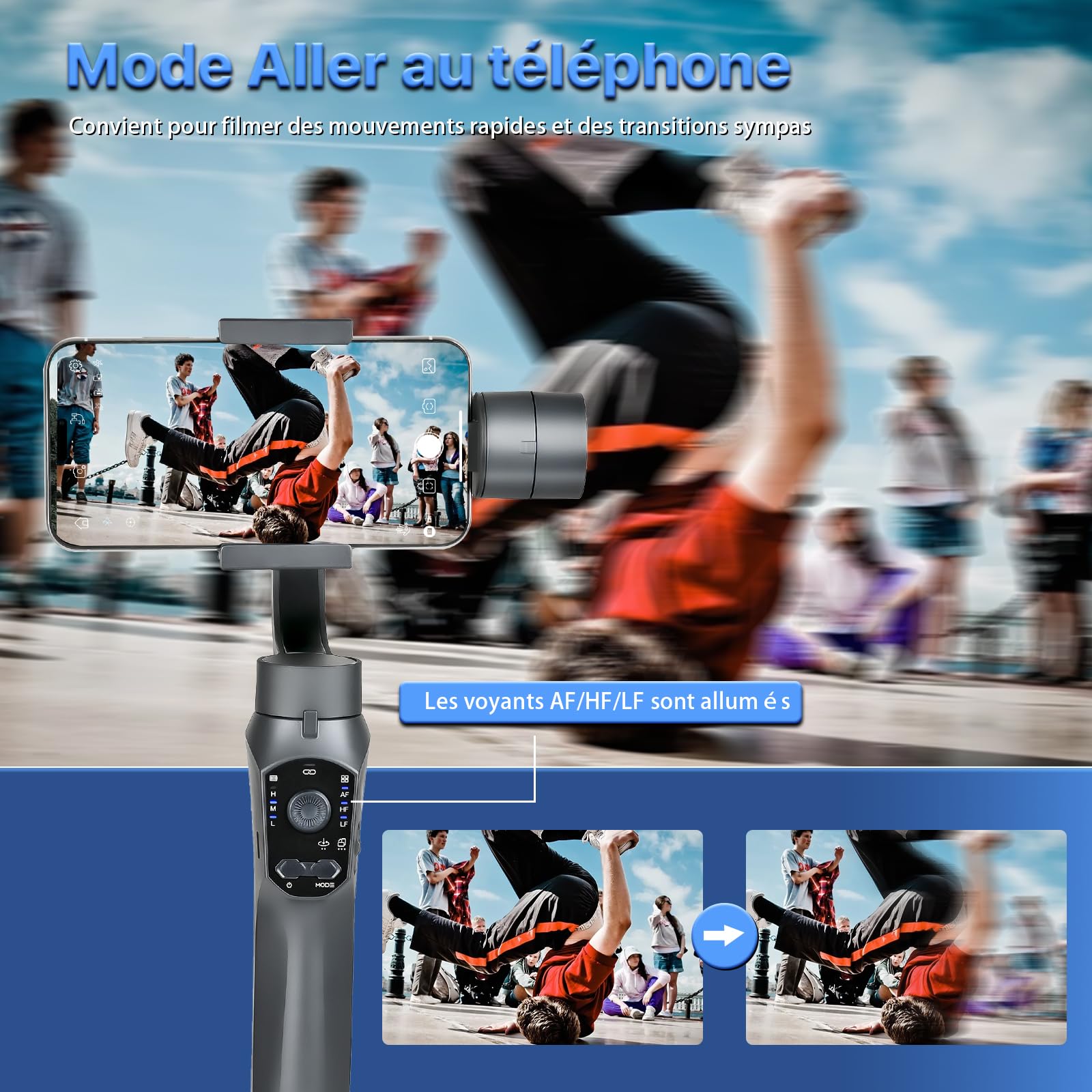 Stabilisateur Smartphone, Stabilisateur Cardan sur 3 Axes,Suivi AI, Mode Ultra Grand Angle pour iPhone 15/14/13/XR Pro/Max,Samsung Galaxy/Huawei,Charge utile 280 g,Vloggers/Youtube