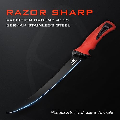 Miniatura 2 de KastKing Intimidator Cuchillo de filete con acero afilador, cuchillas de acero inoxidable alemán ultra afiladas G4116, mango antideslizante, funda