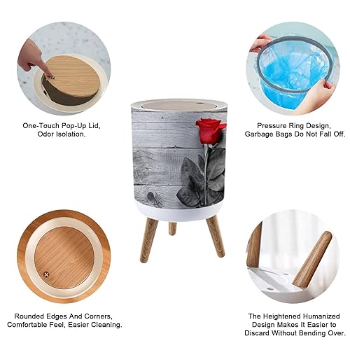 Miniatura 5 de SHL96PZGX Bote de basura pequeño con tapa, rosa roja sobre blanco y negro con patas de madera, papelera redonda para cocina, baño, 1.8 galones, 7