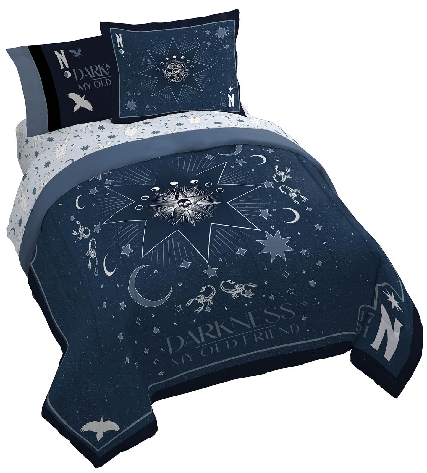 Jay Franco Wednesday Addams Queen Size Comforter Set - 7 Piece Bedding Includes Sheet Set & Pillow Covers - Blue Stars Super Soft Cozy Bedding