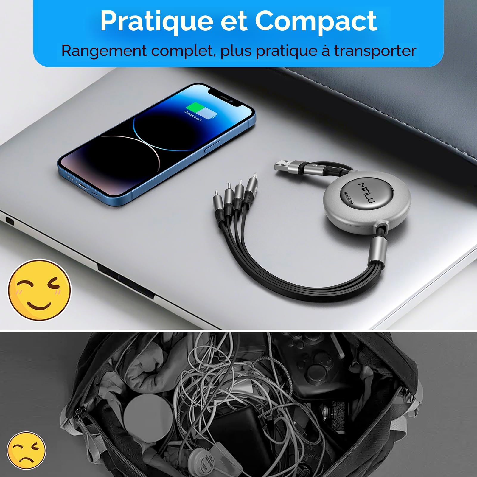 Minlu Câble de Charge 6 en 1, 1,2m Rétractable Cable Chargeur Multi Embout, Câble de Charge Rapide USB C avec Lightning Transfert de Données, Câble Multi USB pour iPhone,Android,Galaxy,Tablet