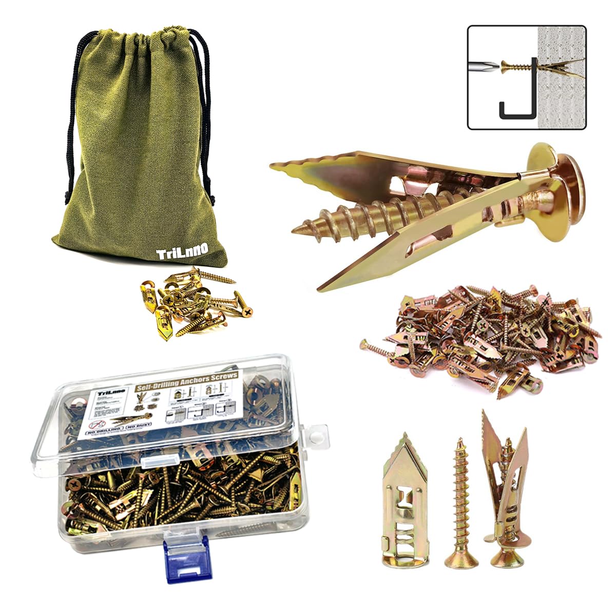 Self Drilling Drywall Anchors and Screws Kit, Heavy Duty Steel Wall Anchors,No Drill or Holes in Wall Mounting Hardware Repair Tools for Pictures and