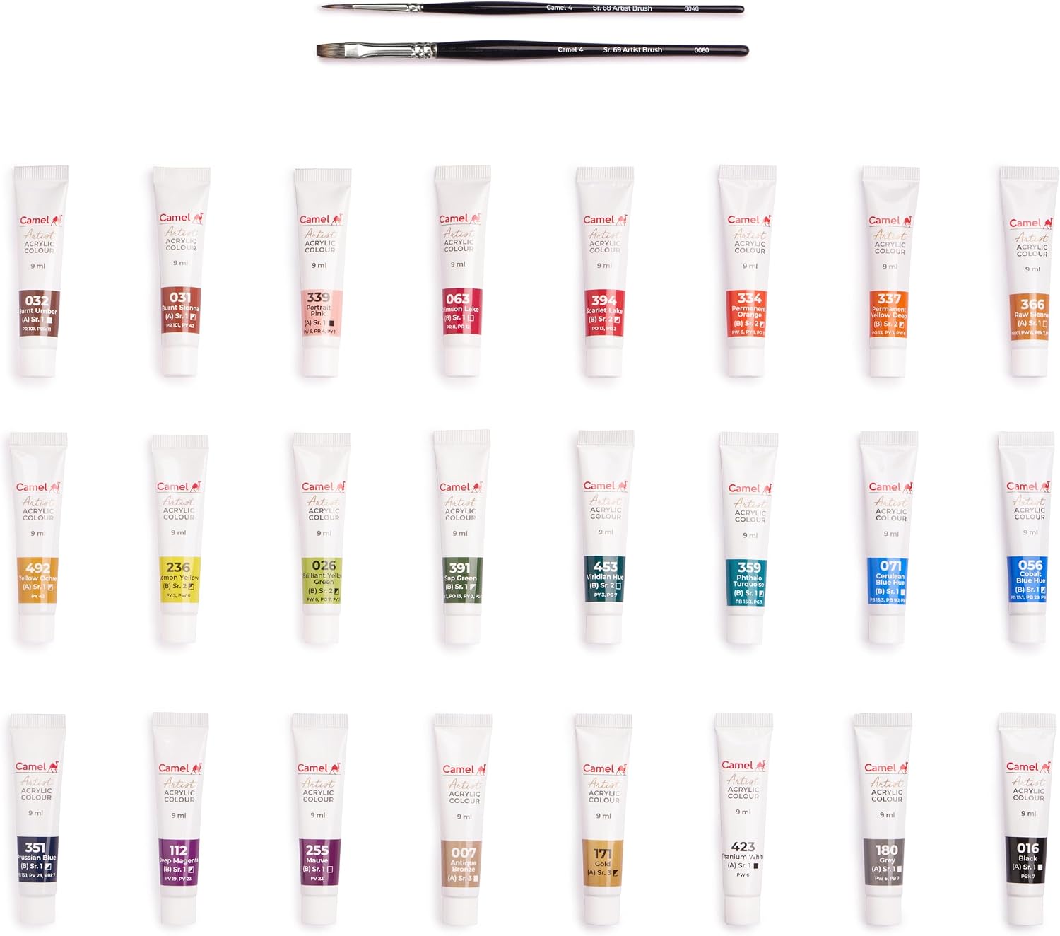 Camel Artist Acrylic Colours 24 Shades, 9ml with 2 Artist Brushes
