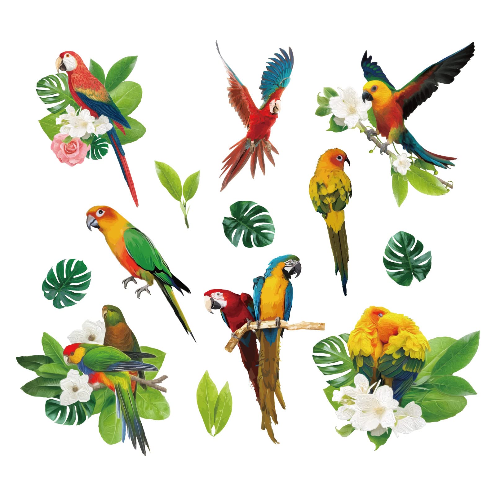 SUPERDANT Tropical Plants Wall Stickers Parrots Wall Decal Green Leaves Flowers Decals Stickers for Walls Tropical Theme Vinyl Art Mural for Nursery Bedroom Living Room Home Decor