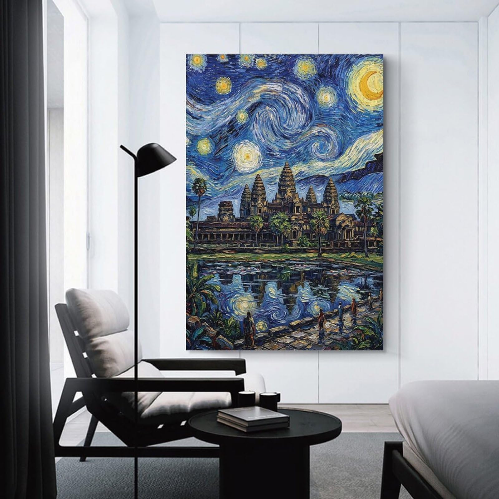 Junmoney Unframe-Style-13 Angkor Wat Starry Night Painting Canvas Wall Art, 24X36inch(60X90cm), For Living Room, Bedroom Or Apartment Walls, Decorative Artwork For Empty Walls