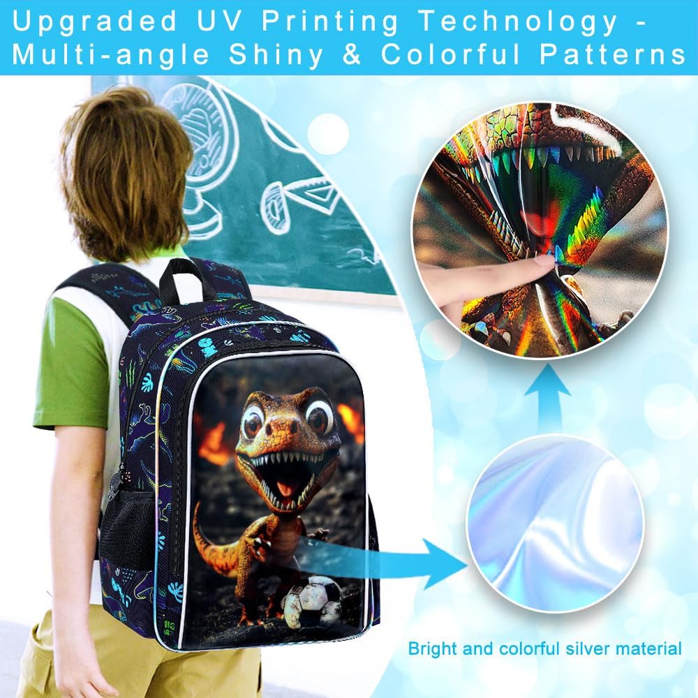 16" Dinosaur Backpack for Boy, 3Pcs Soccer Bookbag for Elementary Preschool Kindergarten, Kids School Backpacks with Lunch Box (Black) - Image 5