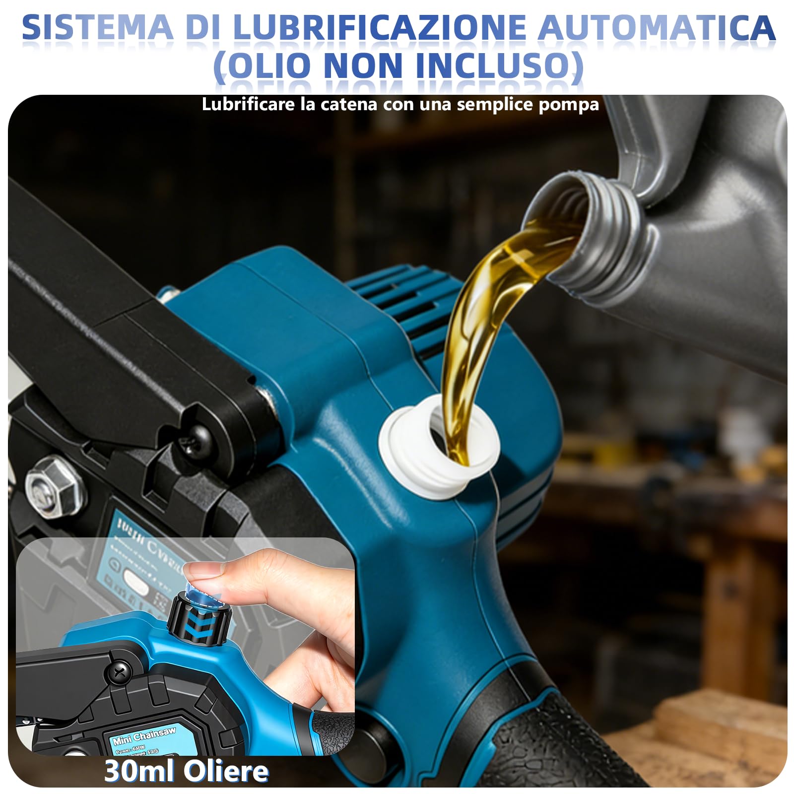 Mini motosega con batteria da 4000 mAh, 6 pollici, mini motosega elettrica con olio automatico e batteria da 2 × 2000 mAh, batteria per cesoie da giardino, potatura potatura (blu)