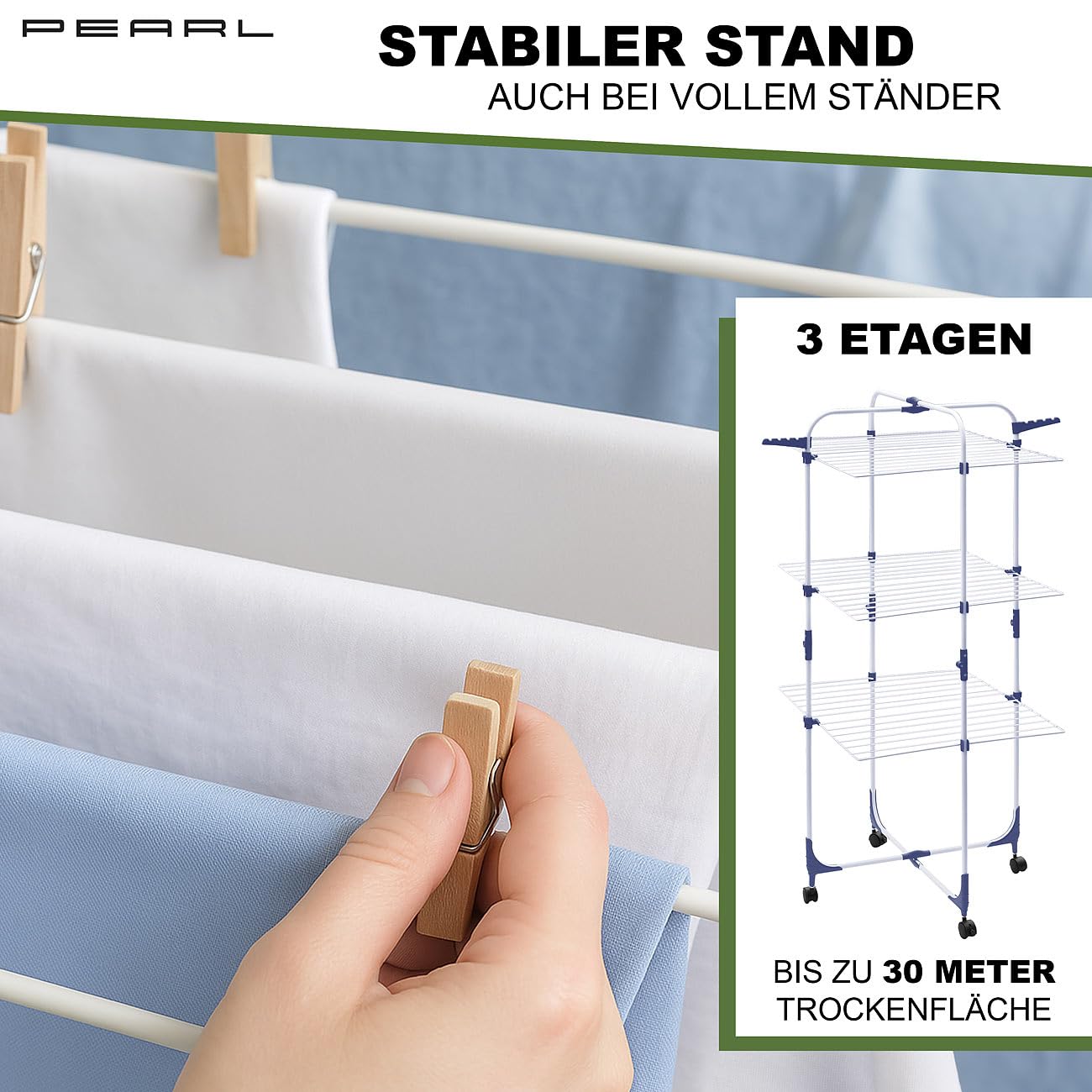 PEARL Wäschetrockner: 2er-Set 3 Etagen Wäschetürme mit Rollen, 30 m Trockenstange, klappbar (Wäscheständer für Badezimmer, Wäscheständer platzsparend, WC)