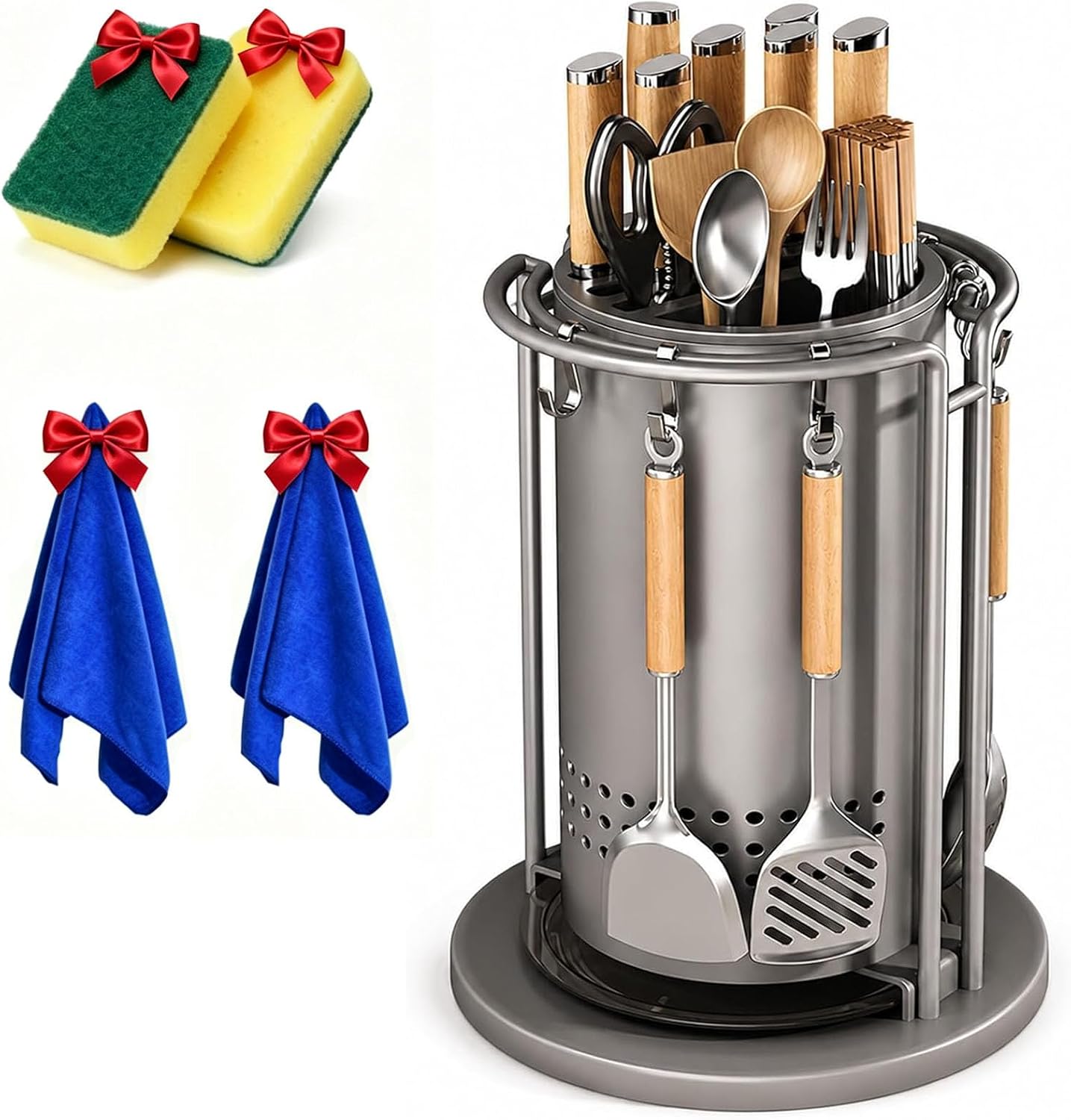 360 Rotating Stainless Steel Knife Holder, Kitchen Countertop Universal Block Utensil Organizer with Removable Drip Tray, Round Multi-Function Kitchen Countertop Storage with 6 Hooks (Tall-Gray)