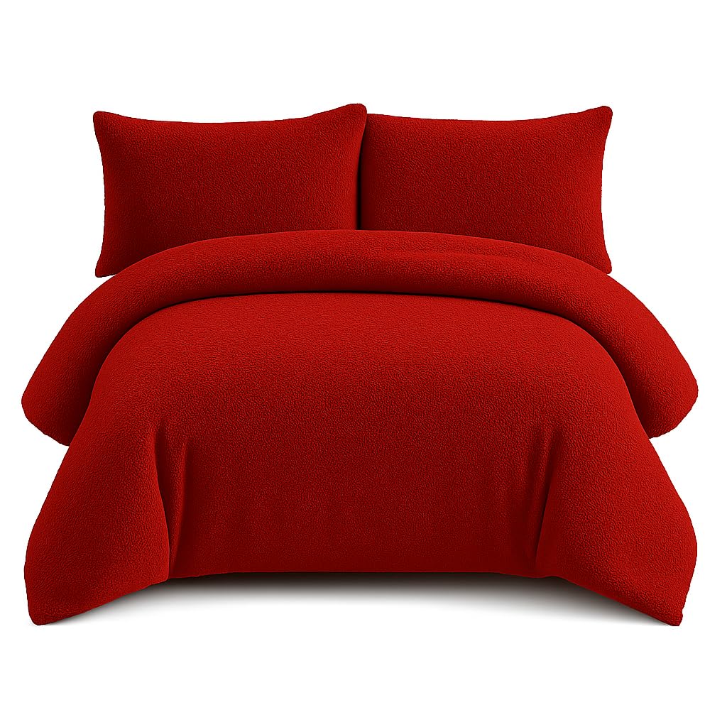Bella Nights Teddy Bear Fleece Duvet Cover Set – Thermal Warm & Cosy Soft Fur Bedding with Pillowcases – Winter Duvet Set (Red, Super King)