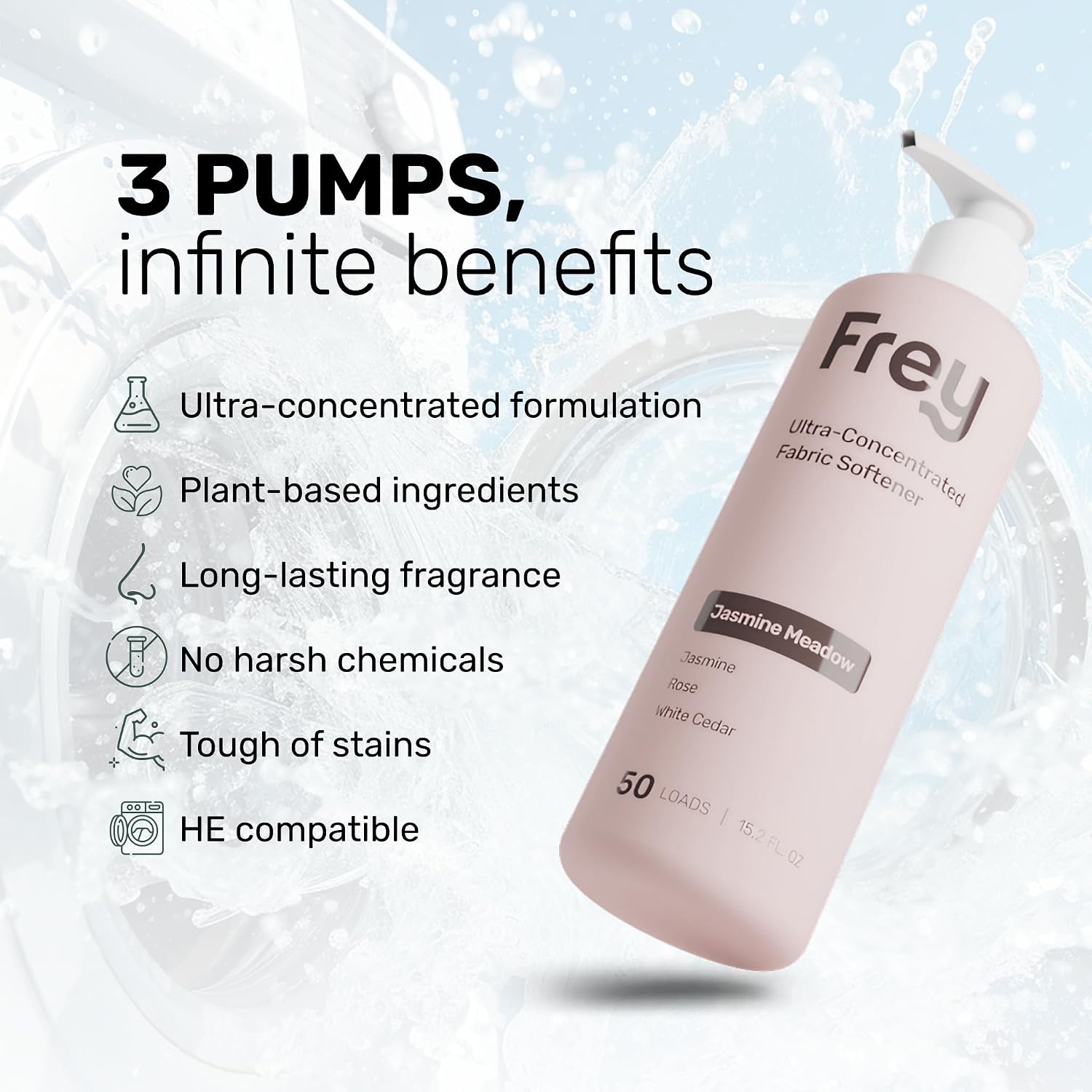 FREY Natural Liquid Fabric Softener and Conditioner | HE Laundry Softener for All Machines | Plant-Powered Eco Friendly Formula | 1-Pack, Jasmine Rose