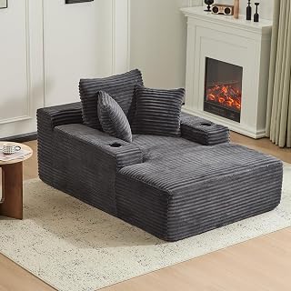 ETCZOYE 66" Oversized Corduroy Chaise Lounge Chair, No Assembly Sleeper Sofa Bed with 3 Pillows & Cup Holders, Dark Grey