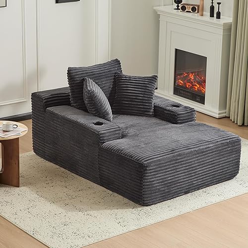 66" Oversized Chaise Lounge Sofa Chair Indoor, Modern Corduroy Single Sleeper Couch Chair with 3 Soft Pillows＆Cup Holder, Boneless Cloud Couch Single Seat Sofa Bed for Living Room Office (Dark Grey)