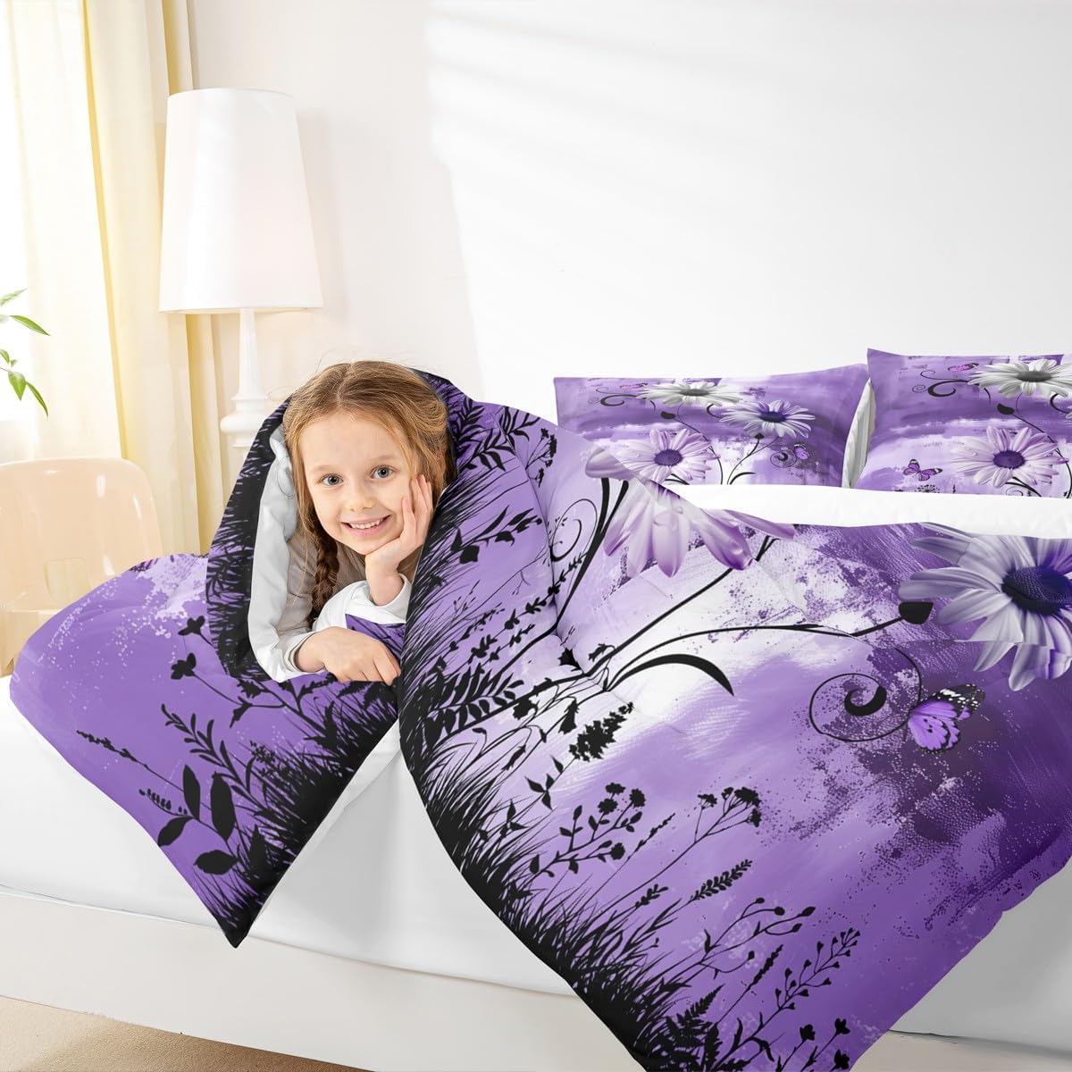 Castle Fairy Rustic Floral Comforter Set Queen Size,Farm Daisy Flowers Butterfly Country Bedding Set for Women Adult,Purple Abstract Art Graffiti Luxury Bed Duvet Insert, 2 Pillowcases