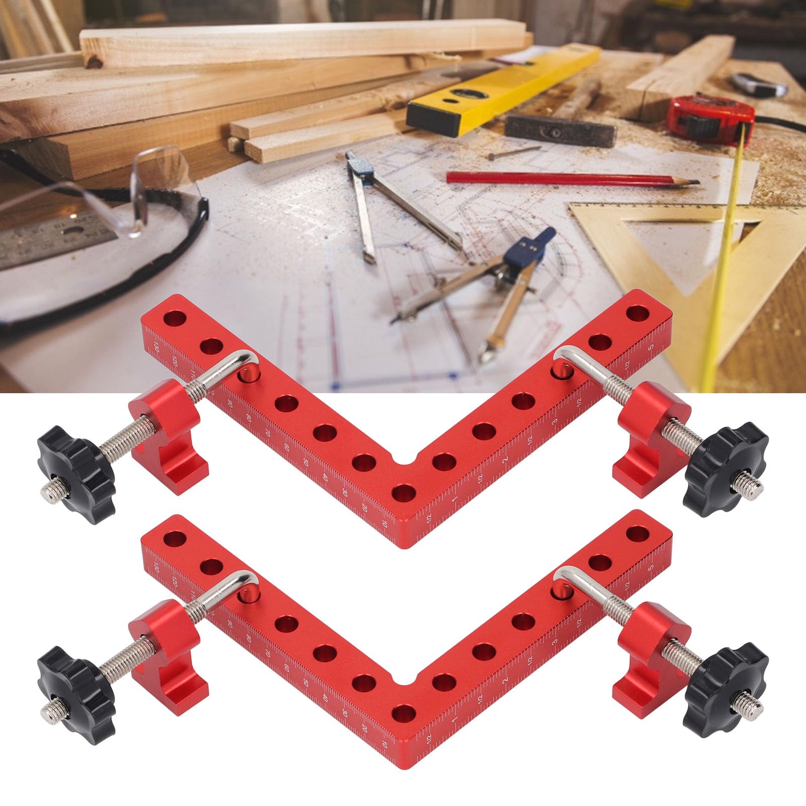 2 Sets 90 Degree Positioning Square Aluminium Alloy Metric Imperial Scale Right Angle Corner Clamp for Woodworking