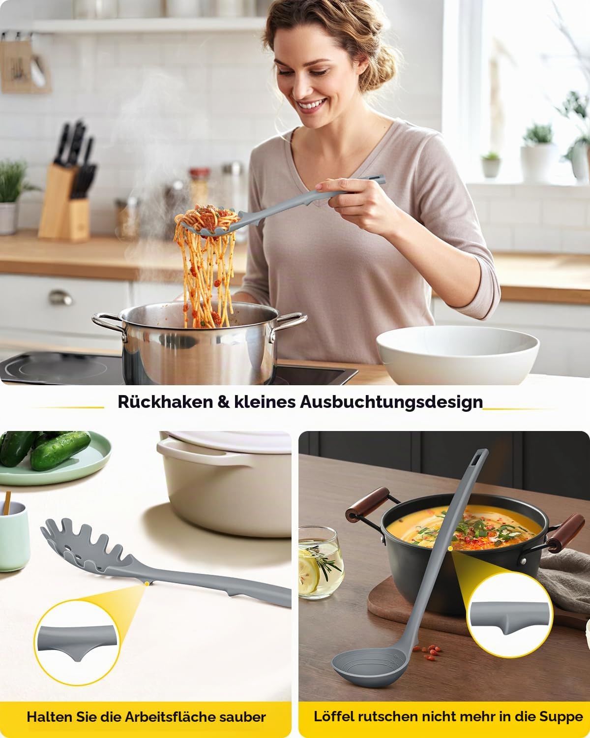 Silikon Kochgeräte Set, 9 Stück hitzebeständige Küchenutensilien mit Rücken Haken, BPA-freie Küchengeräte mit Spateln, Löffeln, Skimmer und Pasta Gabel für Nichtklebriges Kochgeschirr (Grau)