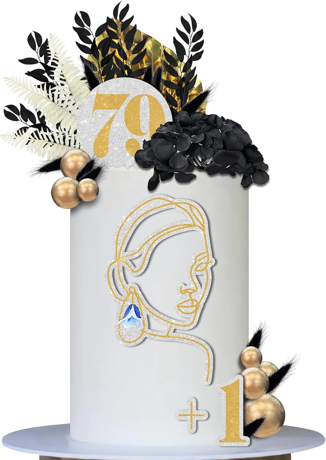 17 PCS Happy 79th Birthday Cake Topper Black Gold Balls & Eucalyptus Palm Leaves Cake Decorations Set with Artificial Flowers Decor for Woman 79th Birthday Anniversary Party Boho Wedding Supplies