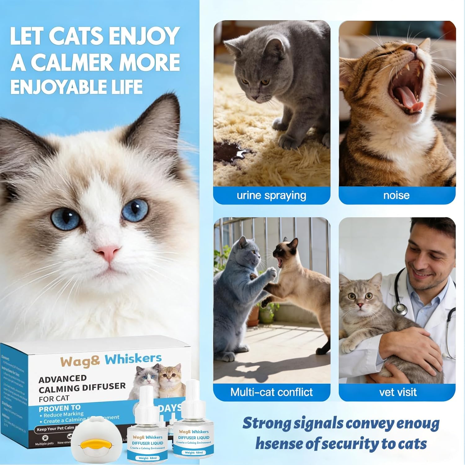 Calming Diffuser, Soothe Your Pet's Emotions, Reduce Stress and Anxiety, and Decrease Fighting and Scratching Behaviors, 3-in-1 Kit for Cats (2pc)