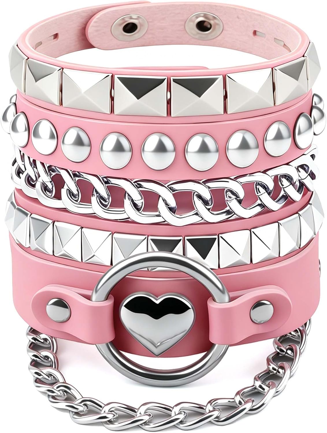 3Pcs Emo Punk Heart Pyramid Chain Leather Wrap Bracelets Set for Rave Women
