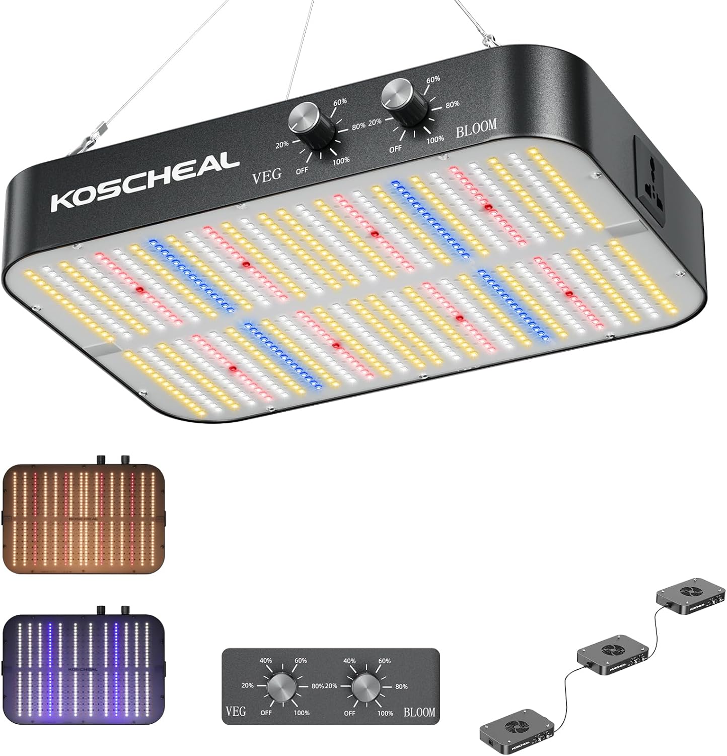 KOSCHEAL 2025 Upgrade KC1600 Dimmable Plant Grow Light with Yield LEDs,3 Modes Grow Lights (Veg, Bloom, Veg+Bloom), 0-100% Dual Knob Dimming, 2.9μmol/J PAR, Daisy Chain, Built-in Fan