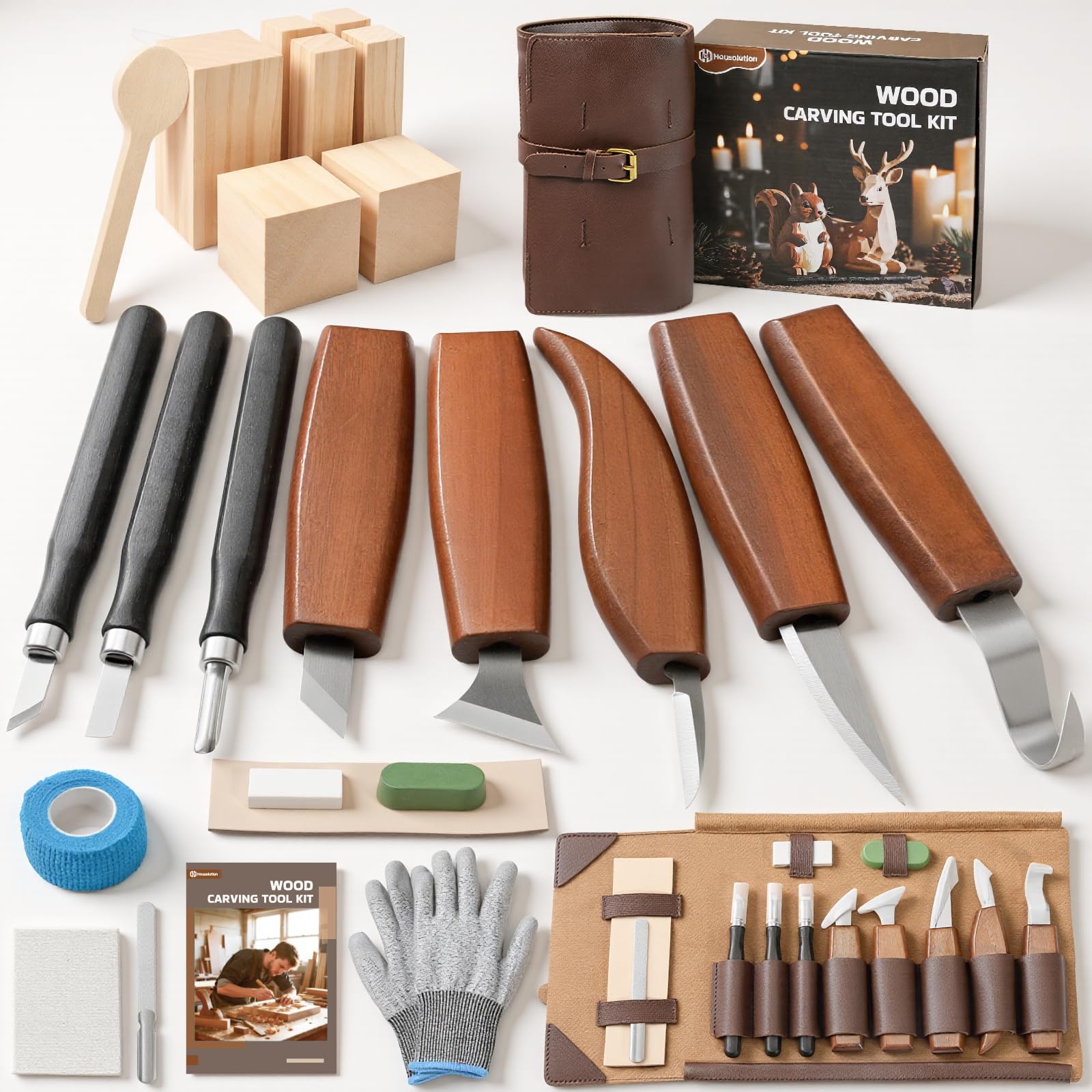 Housolution Kit de Tallado en Madera con Maletín de Cuero, 24PCS Herramientas Incluyendo Cuchillos, Cinceles, Bloques de Tilo y Guantes, Ideal para Principiantes y Aficionados al Bricolaje