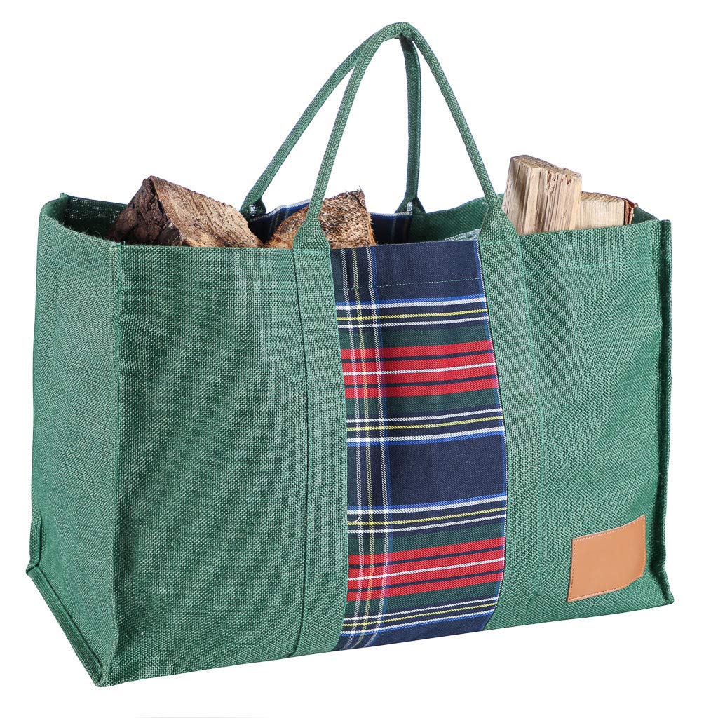 Heavy Duty Natural Jute Canvas Kindling Wood Log Carrier Bag (Green Tartan) — image 1