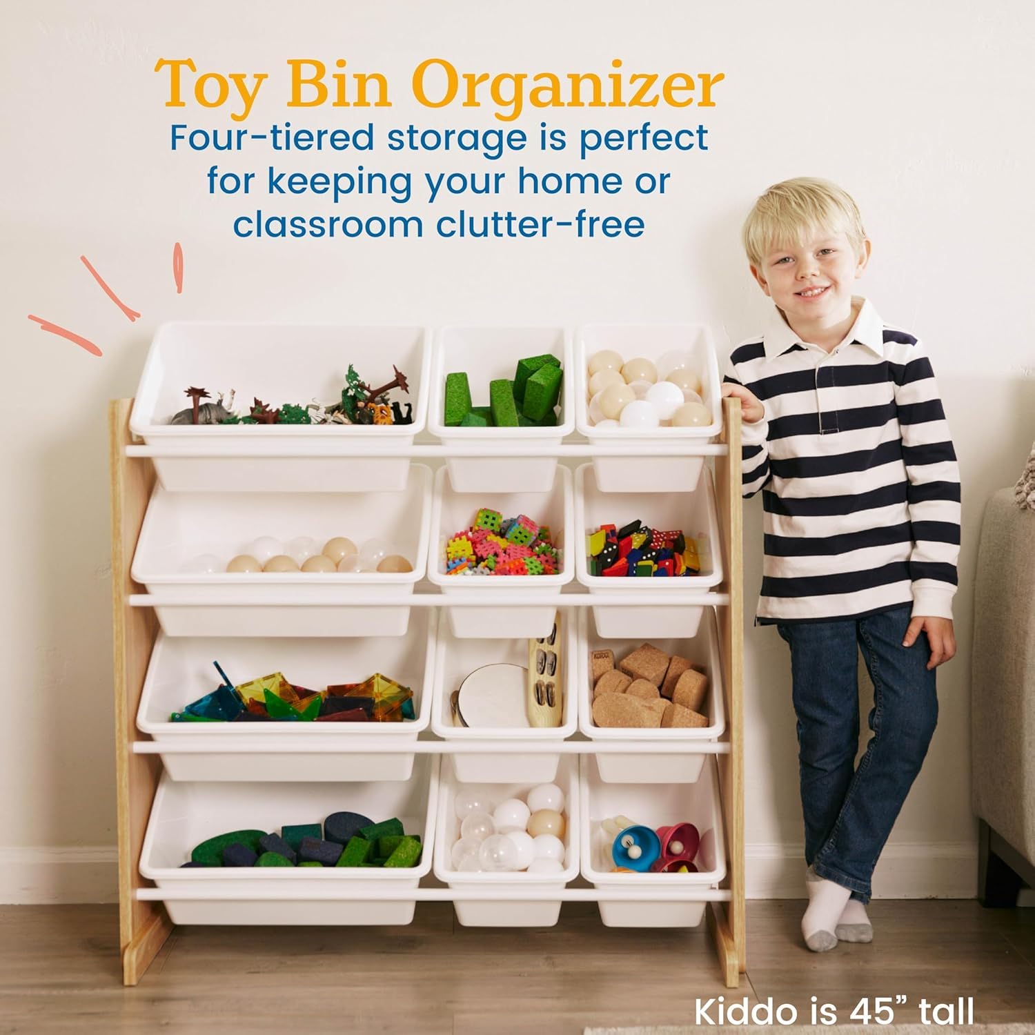 Snazzy Kids Toy Storage Organizer with 12 Plastic Bins, Natural Wood/Aqua β Removable Bins for Playroom, Bedroom, Toddler Furniture for Boys and Girls 1