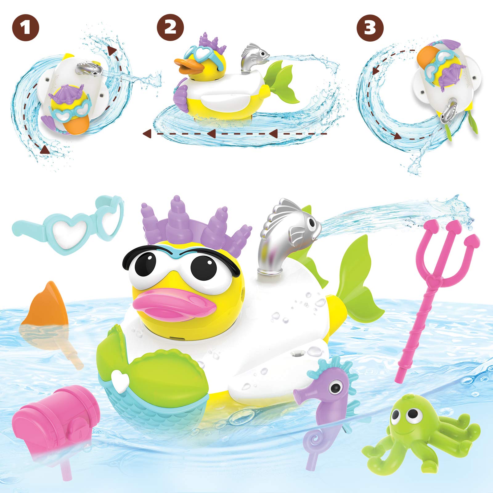 YookidooJet Duck Mermaid Bath Toy With Powered Water Shooter - Sensory Development & Bath Time Fun For Kids - Battery Operated Bath Toy With 15 Pieces - Ages 2+