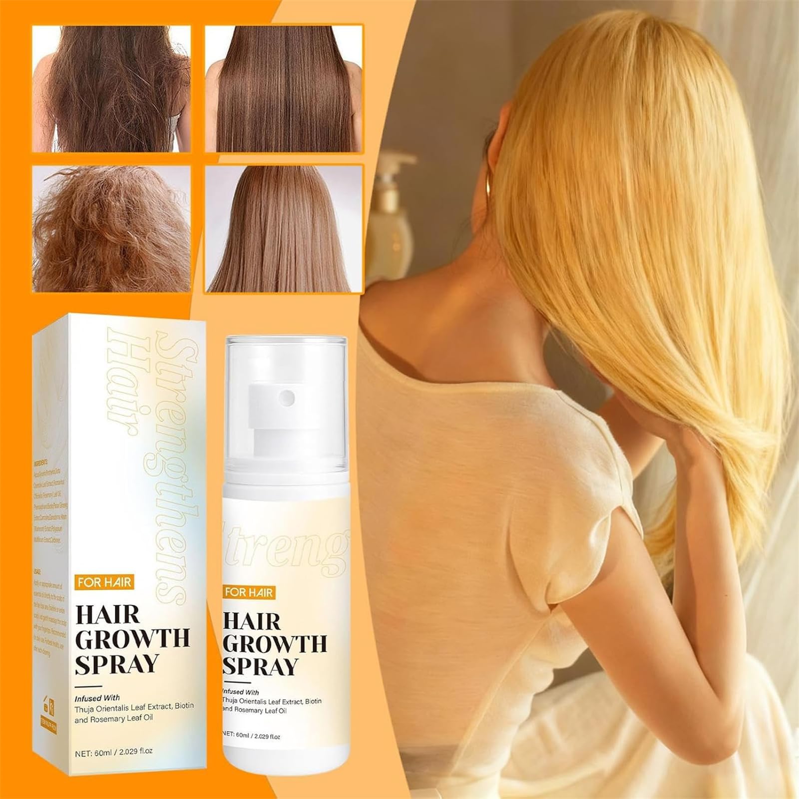 Spray para el crecimiento del cabello con aceite de romero, spray para pérdida total más fuerte, aceite nutritivo para el cuero cabelludo, suero espesante natural para cabello seco dañado (2pcs)