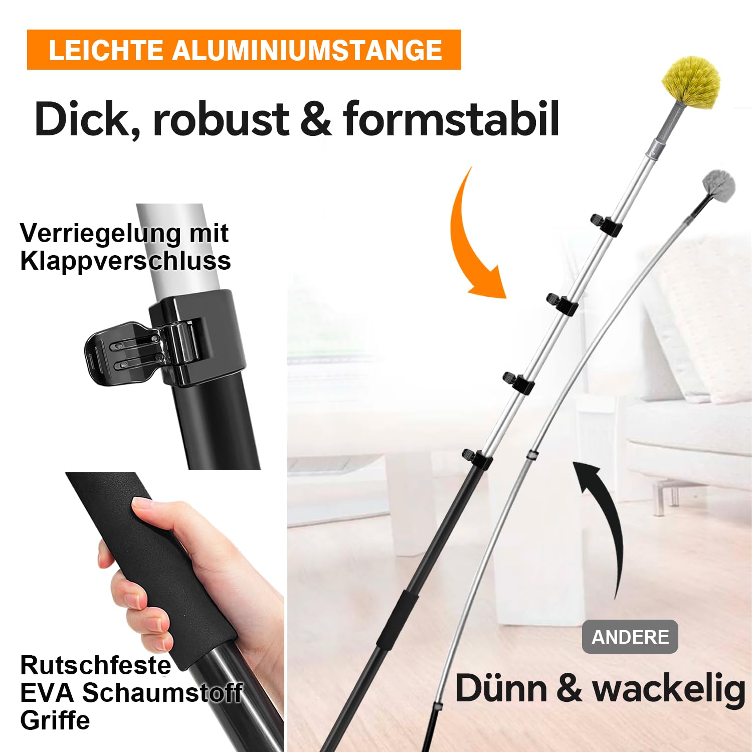 ARTIPOLY 6 m Staubwedel mit Teleskopstiel Set, 5-in-1 Staubwedel für hohe Reichweite mit Chenille Fensterabzieher und Mikrofaser Federstaubwedel für Decke und Wand im Innen- und Außenbereich, Gelb