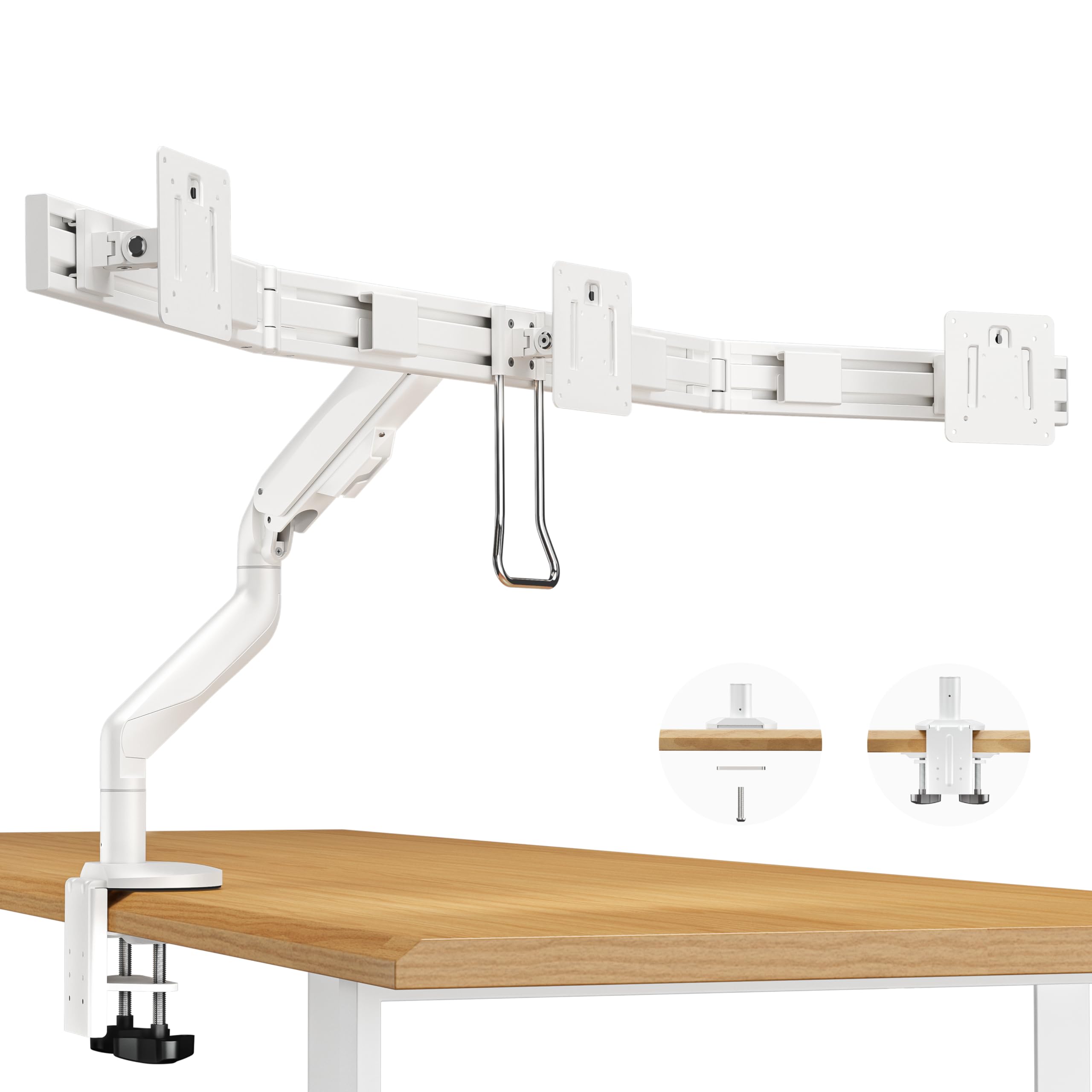 Ergounion Triple Monitor Mount with Crossbar Handle, Fully Adjustable 3 Monitor Desk Mount, VESA 75x75/100x100, Aluminum, White