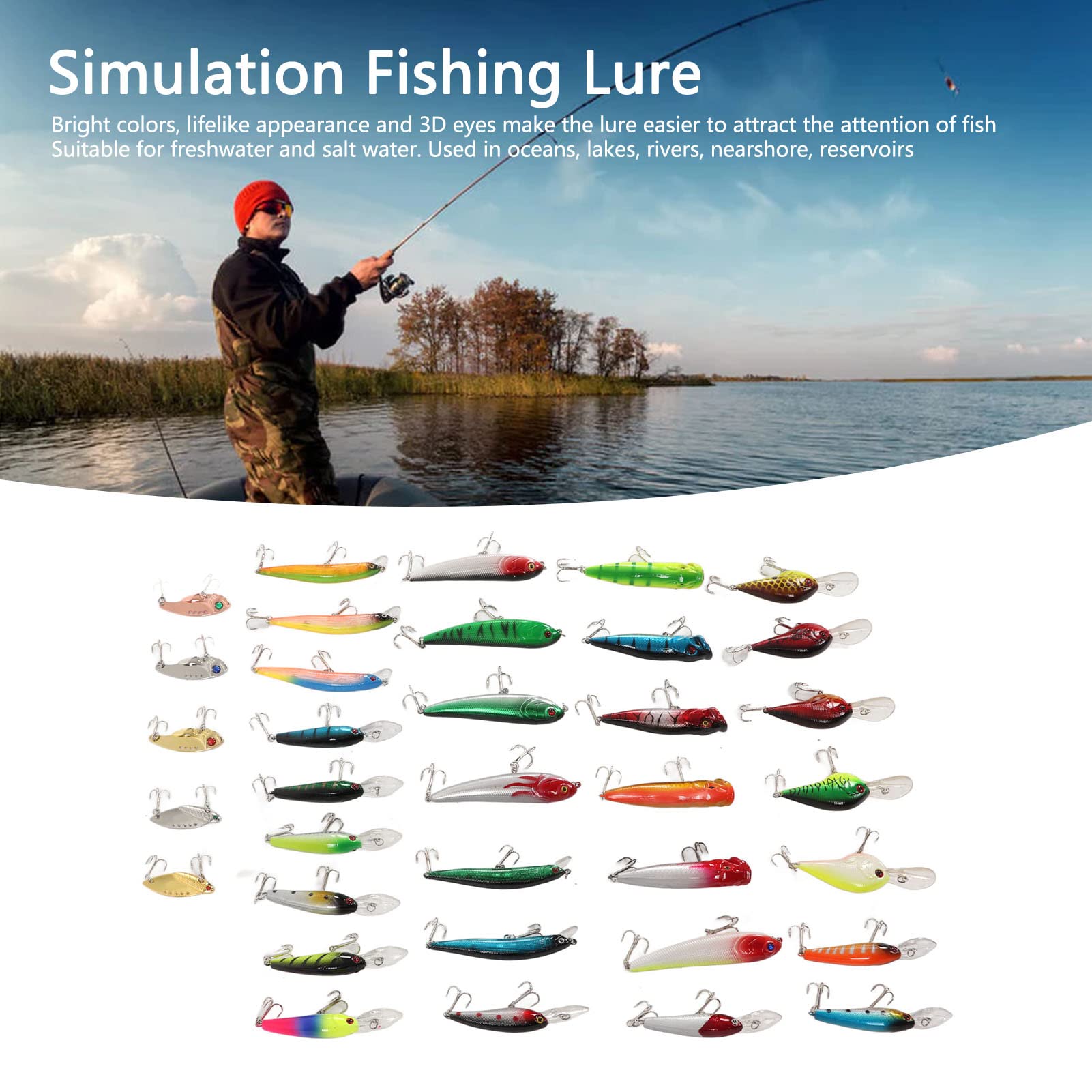 Cebo Artificial Duro, Kit 35 Piezas Señuelos Minnow Mezclados, Material Resistente, Aplicación Agua Dulce y Salada, Para Pesca en Barco, Lago, Río
