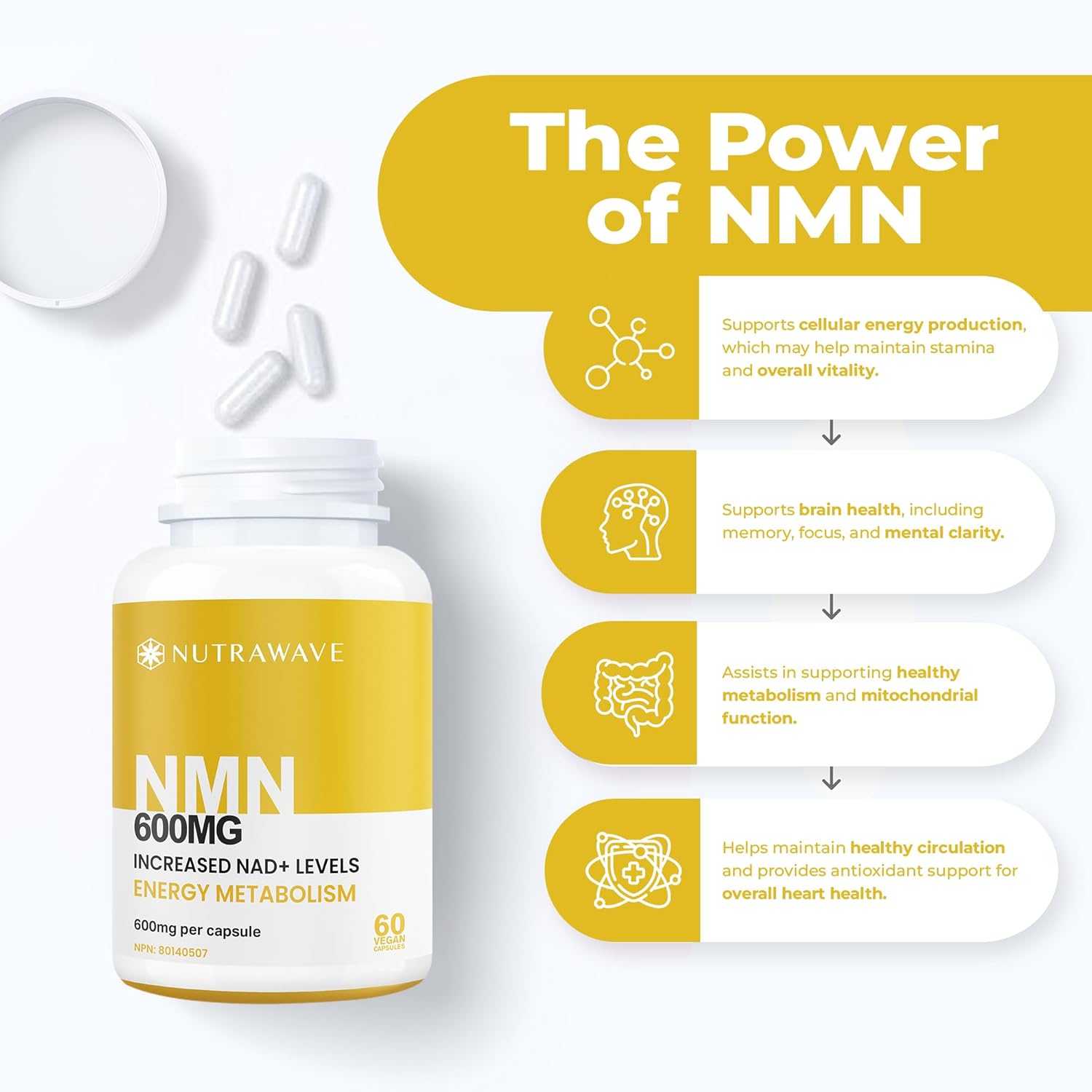 Nutrawave High Potency NMN Supplement Canada – 600mg NMN | Pure NAD+ Booster for Energy, Longevity, Brain & Metabolism | NAD Supplement, Non-GMO, Vegan, 60 Capsules - Image 4