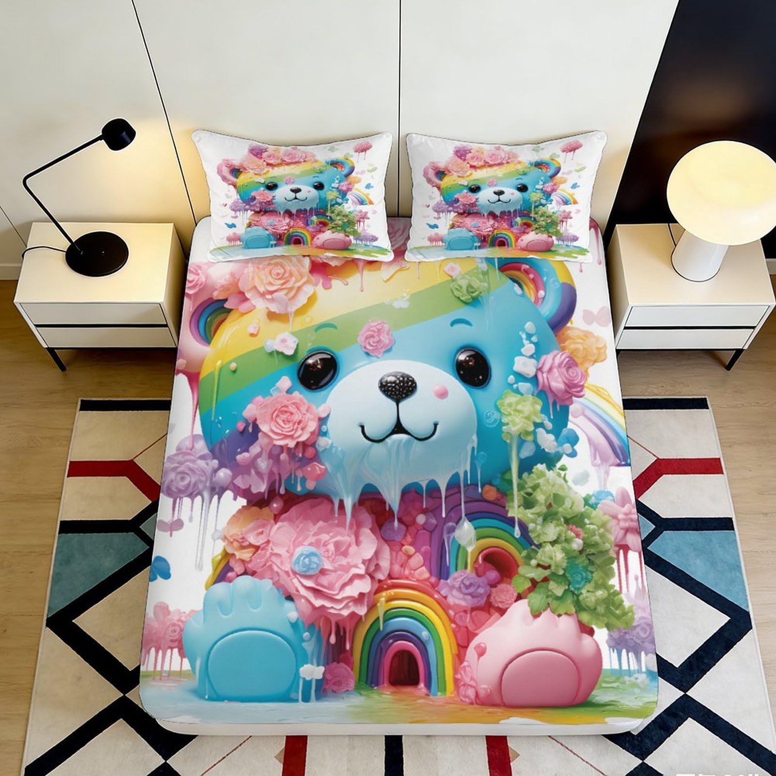 3D Printed Rainbow Teddy Bear Fitted Sheet Microfiber Non-Slip Deep Pocket Teddy Bear Mattress Fitted Cover Washable for Bedroom 160x200x25cm