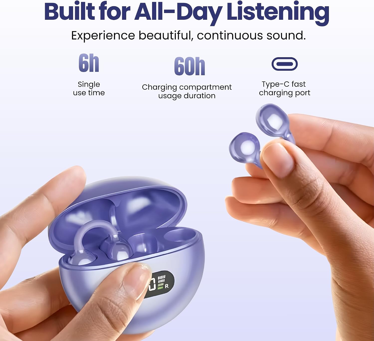 HC M79 Clip On Earbuds, Open Ear Earbuds Wireless Bluetooth 5.4, Lightweight Ear Clip Headphones with Mic for Glasses Wearers, Waterproof, 60H Playtime, for Workouts and Work (Purple)